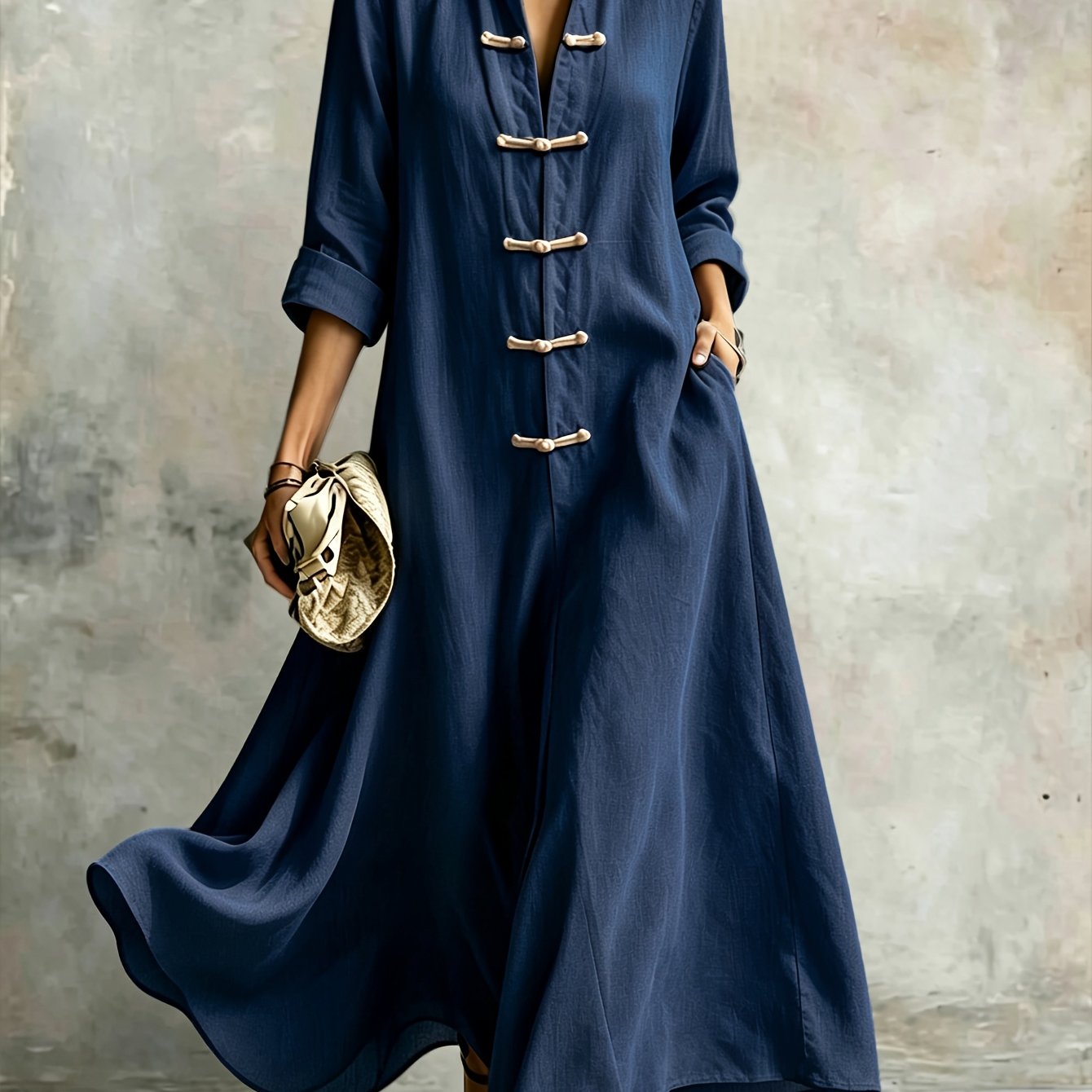 TEMU Women's Elegant New Chinese Collar Ethnic Dress, Fashionable Commute, Casual Easy