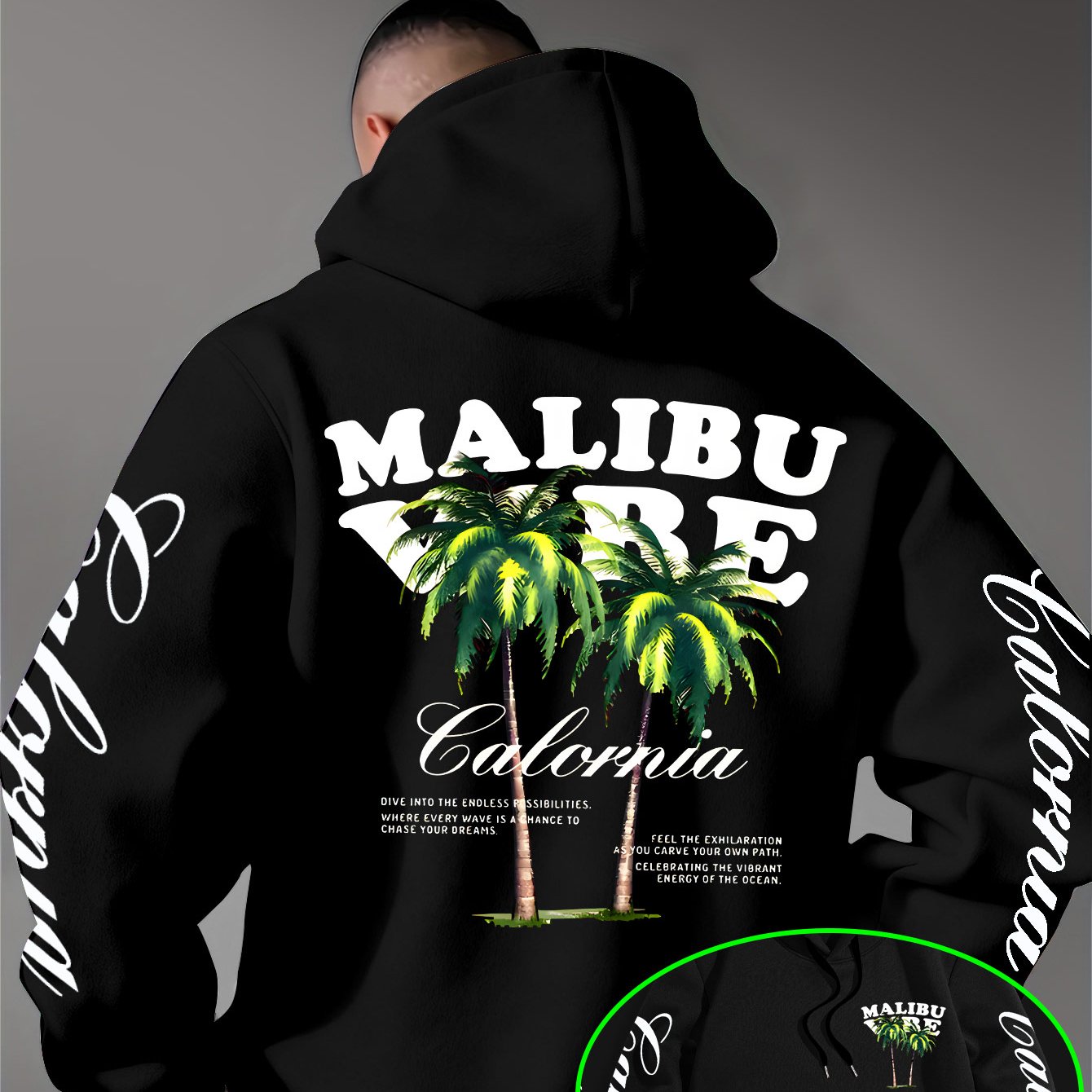 Image of Men's Casual Stylish Quality Hoodie Featuring The Malibu Vibe Design With 2 Palm Trees, Embodying Vibe Filled With Sunshine, , Knit