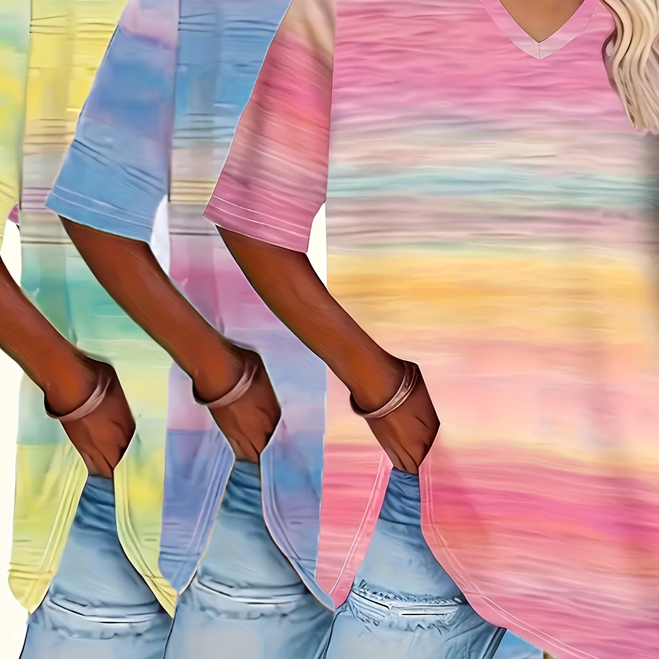 Image of Plus Size, 2025 European And American Elegant Fashion Summer Casual Plus Size V-neck Gradient Color T-shirt Three-piece Set