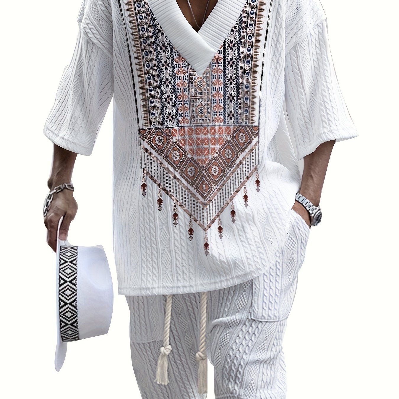 TEMU Men's Casual 3d Print Short Sleeve V-neck T-shirt And Shorts Set, Relaxed Fit, Breathable And Comfortable