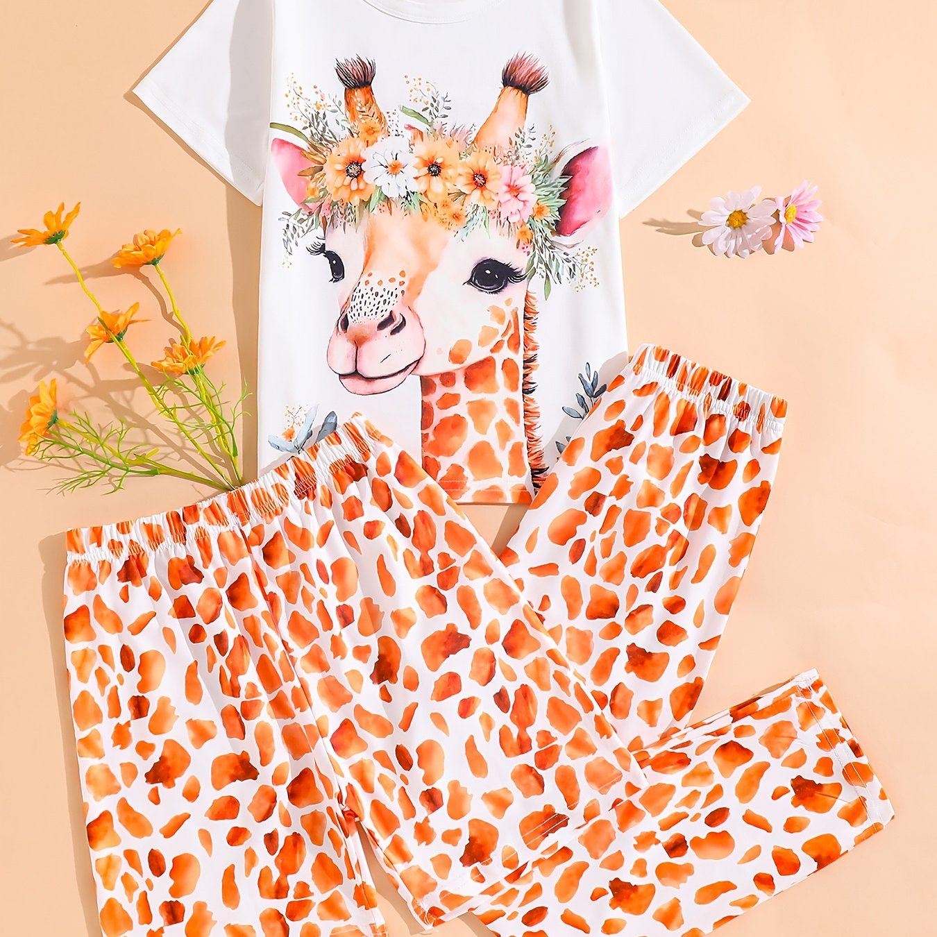 Image of Girls' 3pcs Fawn Print Short Sleeve Long Pants Loungewear Set With Flame Retardant Fabric