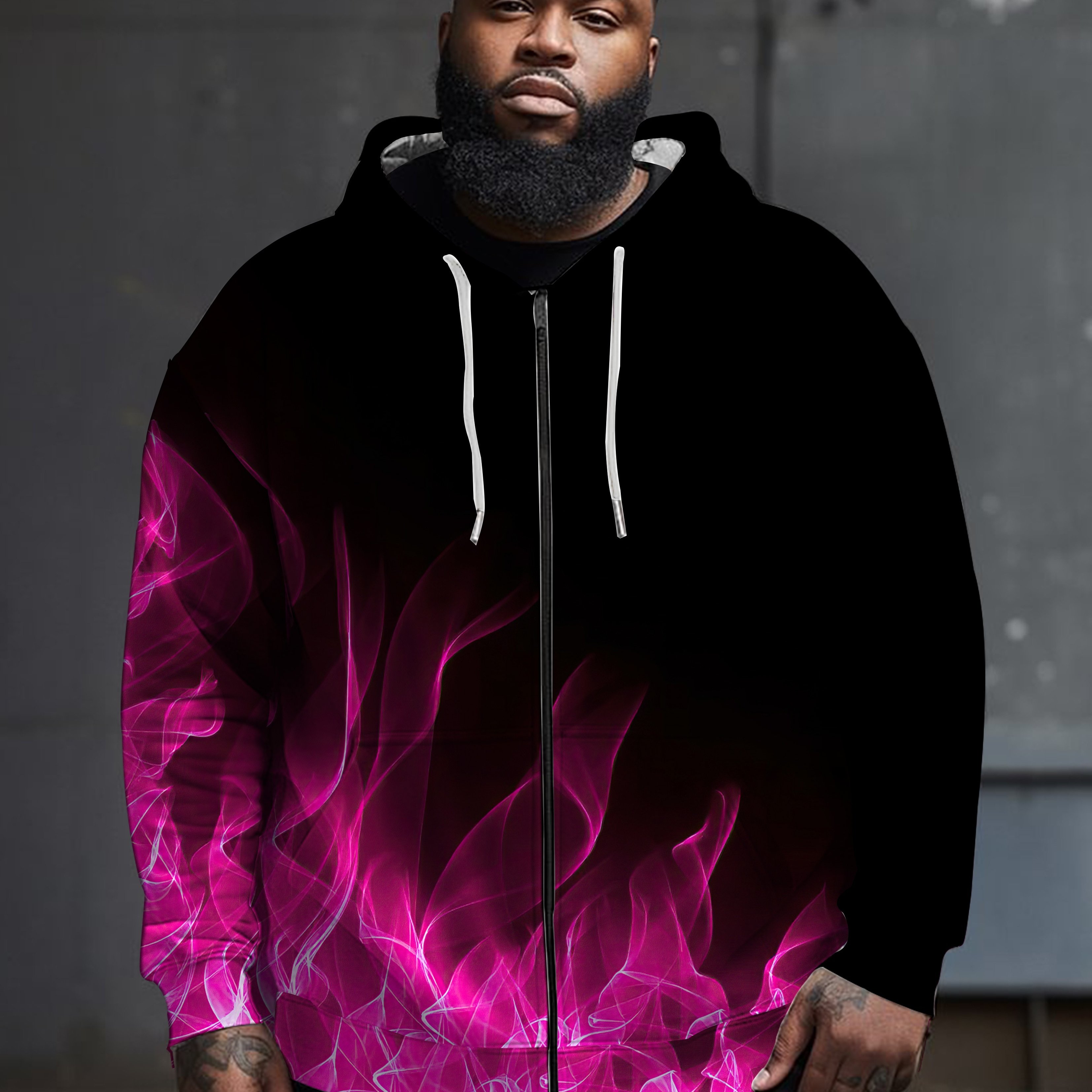 TEMU Men's Oversized Zip-up Hoodie, Stylish Retro Flame Christmas Print Lightweight Jacket, Suitable For Autumn And Winter, Plus Size