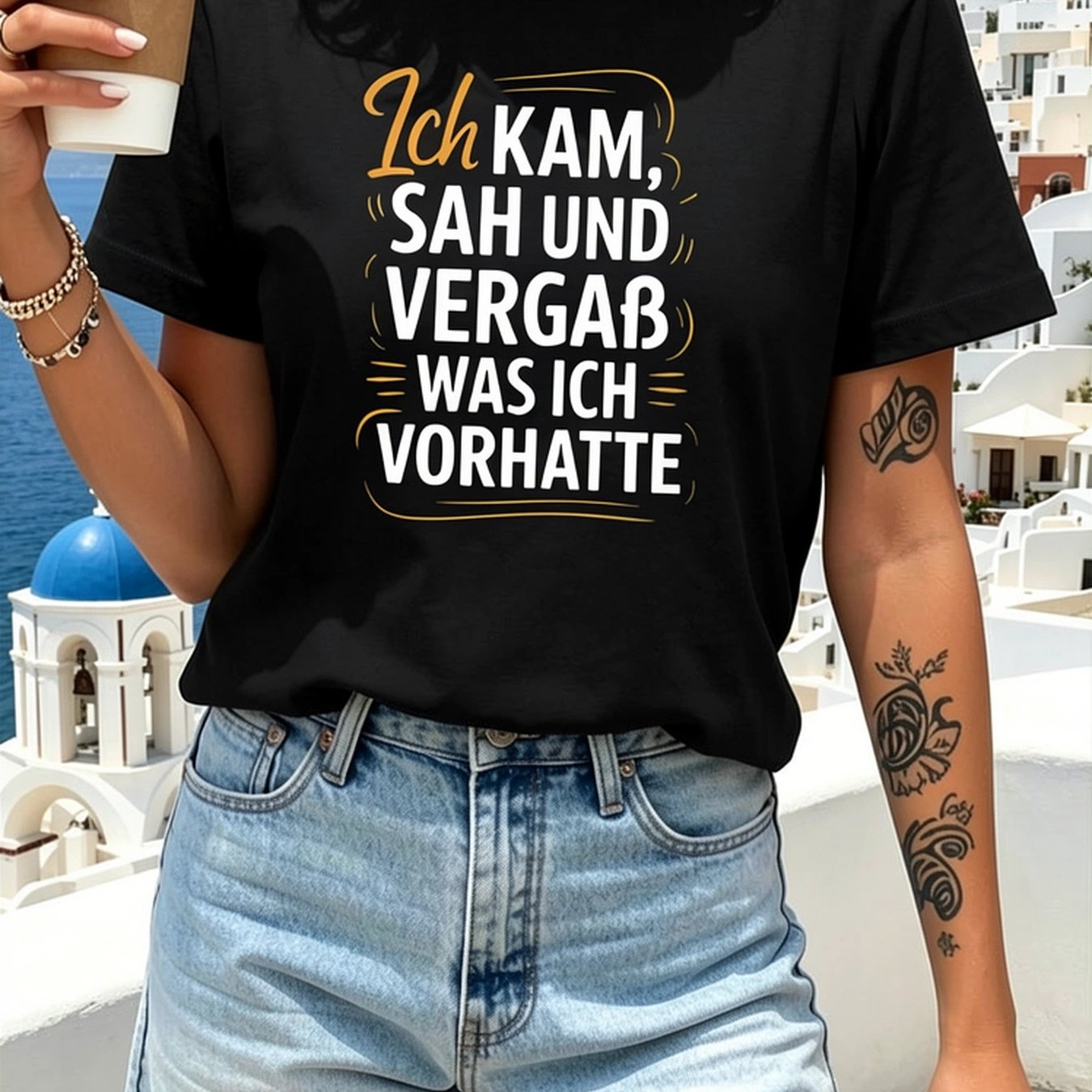 Image of Women's German Funny T-shirt "i , Saw, Forgot What I " - German Text Print Short Sleeve Crew Neck Casual Top Suitable For Summer, Spring & Casual Attire, Machine Washable Humorous Gift Apparel