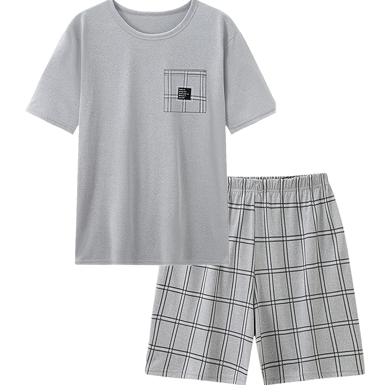 E-shop 2er-Set Herren-Sommer-Pyjama mit kurzen Ärmeln Shorts, 2-teiliges Set, graues Karomuster – Gemütliches Homewear-Set