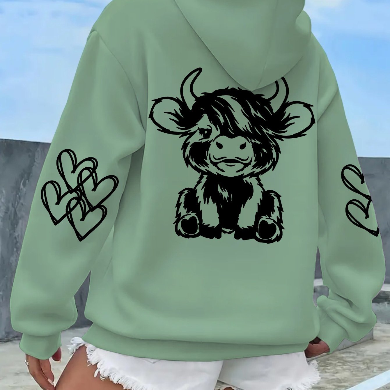 TEMU Sweat à capuche pour femmes avec de vaches Highland et motif cœur griffes - Pull doux à manches longues, vêtement décontracté marron pour un