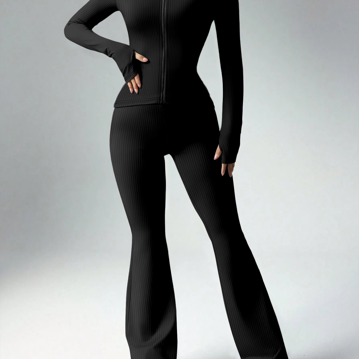 TEMU Women's 2pcs Pants Set, Solid Color Slim Fit Stretch Jacket With Zipper Long Sleeve Top, High-waist Flared Pants, Yoga Pants, Versatile Casual