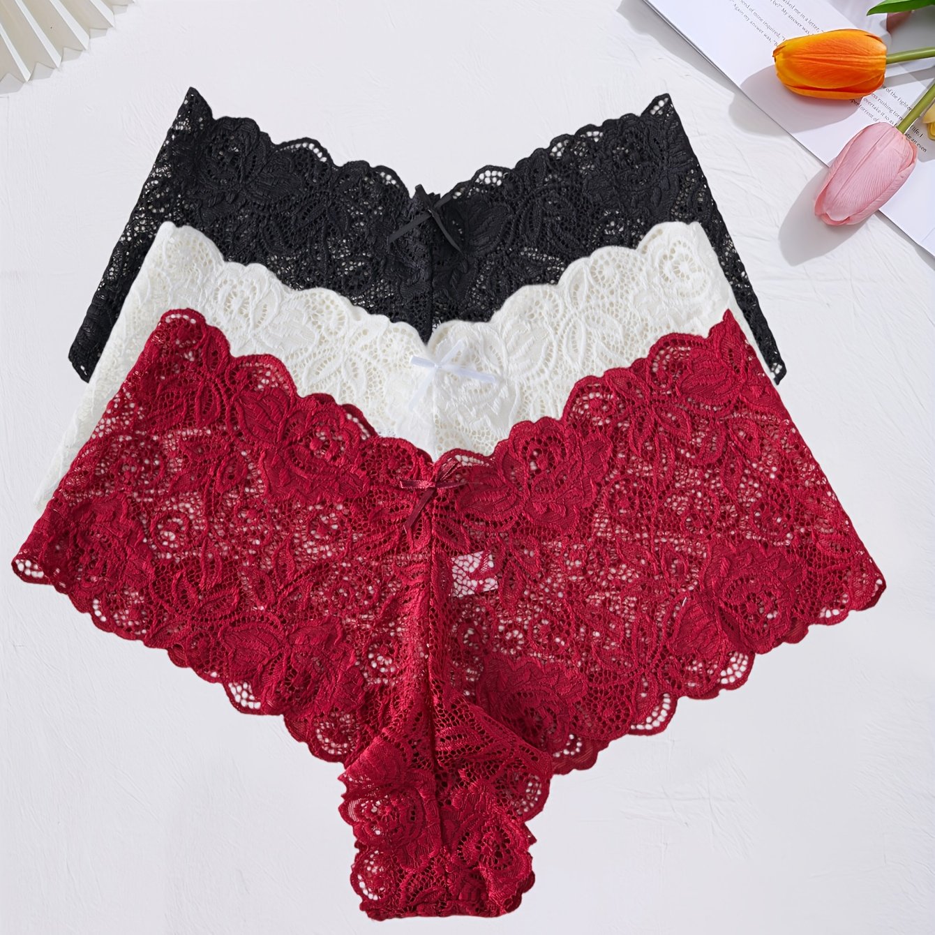 Image of 3-pcs Women's Lace Panties With Wavy Lace And Bow Embellishment, Elegant And Seamless