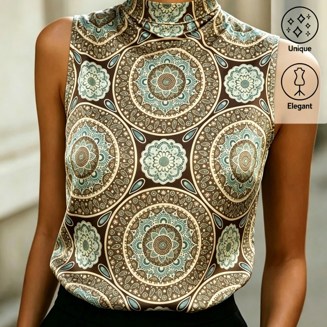 Image of Women's Summer Tops Satin Sleeveless Blouse Collar Tank Top Mandala Pattern Elegant Comfortable Summer Women's Apparel Fashion Ideal For Dates Daily Wear Perfect Gift Option