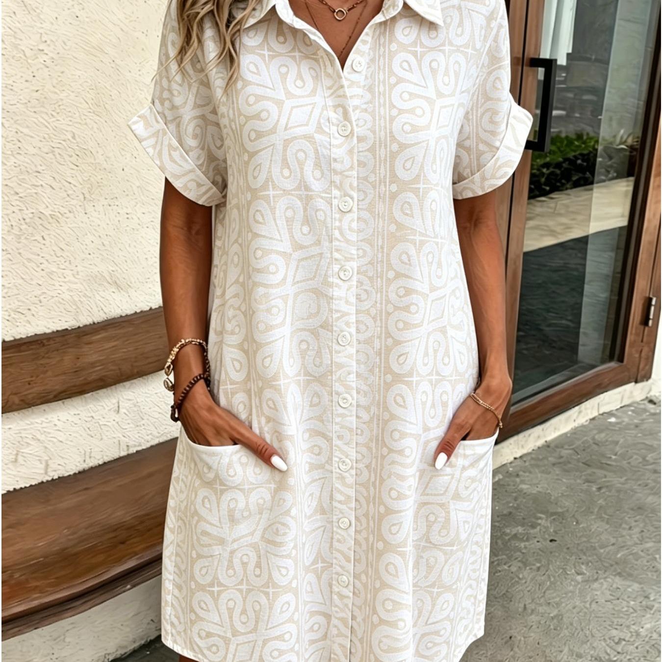 Image of Women's Summer Shirt Dress Geometric Textured Plain White Elegant And Sophisticated Suitable For Button- 2 Pockets Machine Washable Perfect For Vacations Casual Wear Casual Attire Or As A Gift