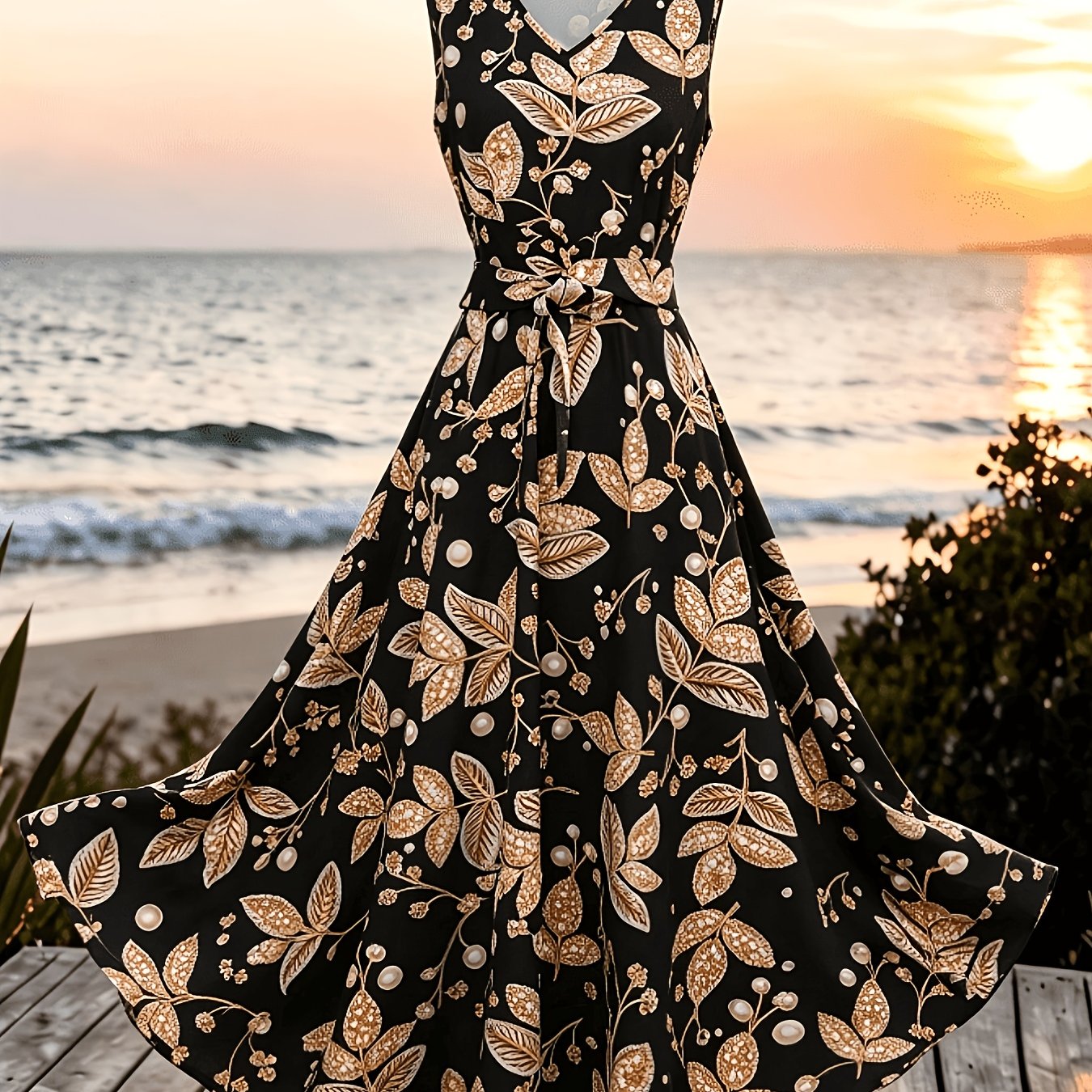 TEMU Women's V-neck Sleeveless Black Dress With Print, A And Elegant Dress With A Cinched Waist