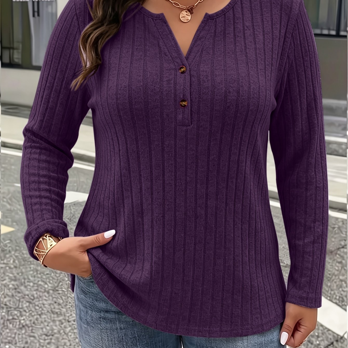 TEMU Plus Size, Women's Elegant V-neck Long Sleeve T-shirt - High-stretch Solid Color Casual Plus Size Top, Machine Washable Spring Summer Autumn