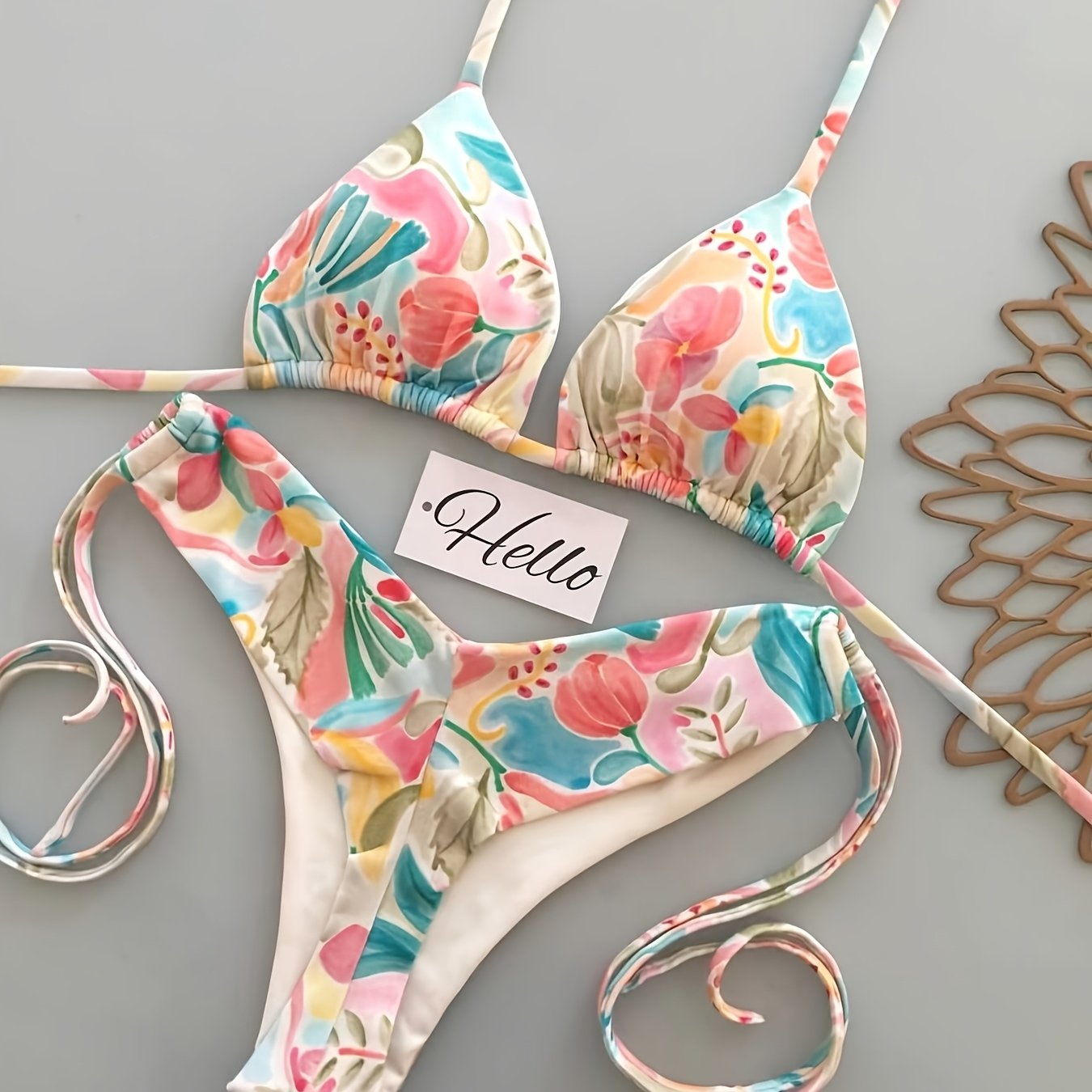TEMU Women's Swimwear, Spring Summer New Floral Print Two-piece Set, Sexy Bikini, Tie-string Triangle Top And Bottom, Suitable For Summer Beach
