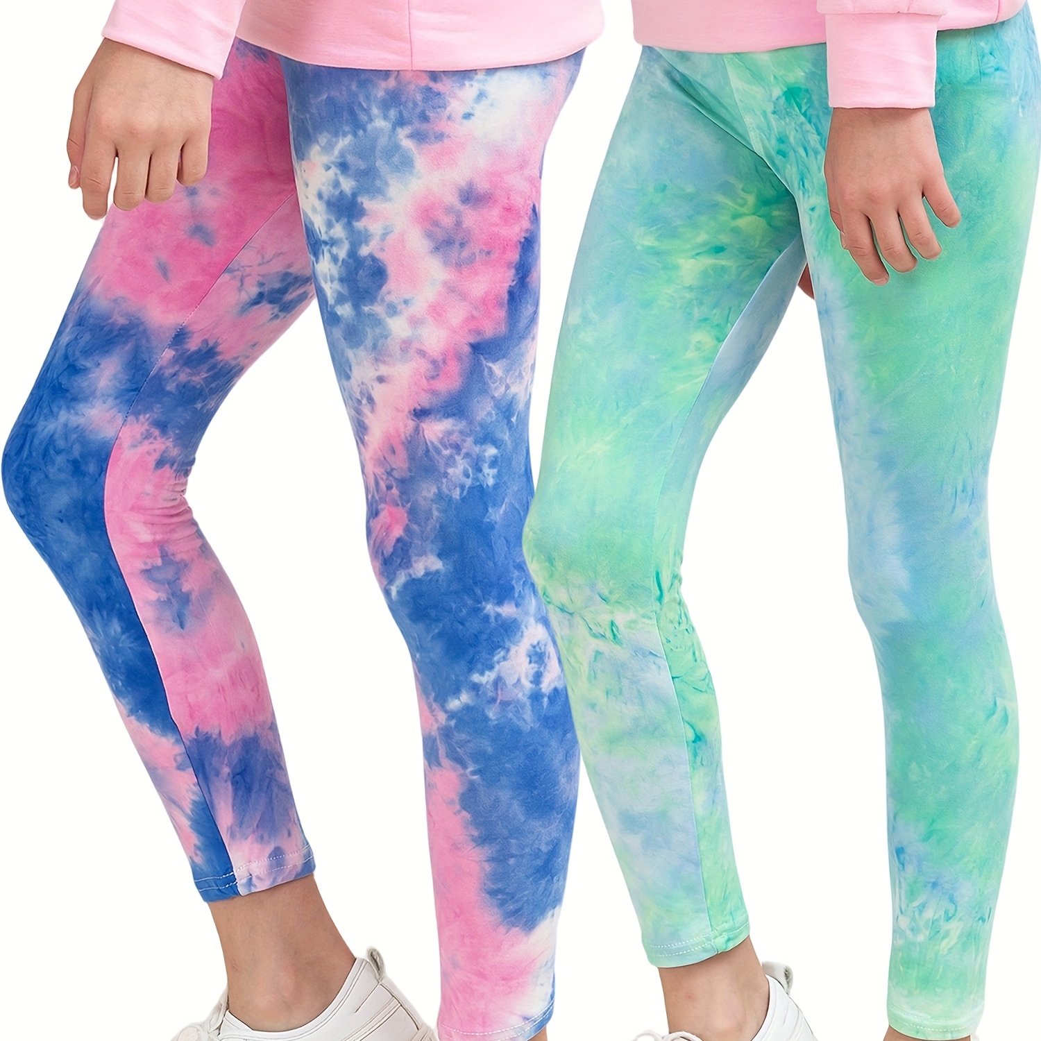 Image of 2pcs Tie-dye Pink And Blue Print High-waisted Kids' Elastic Sports Leggings For Girls