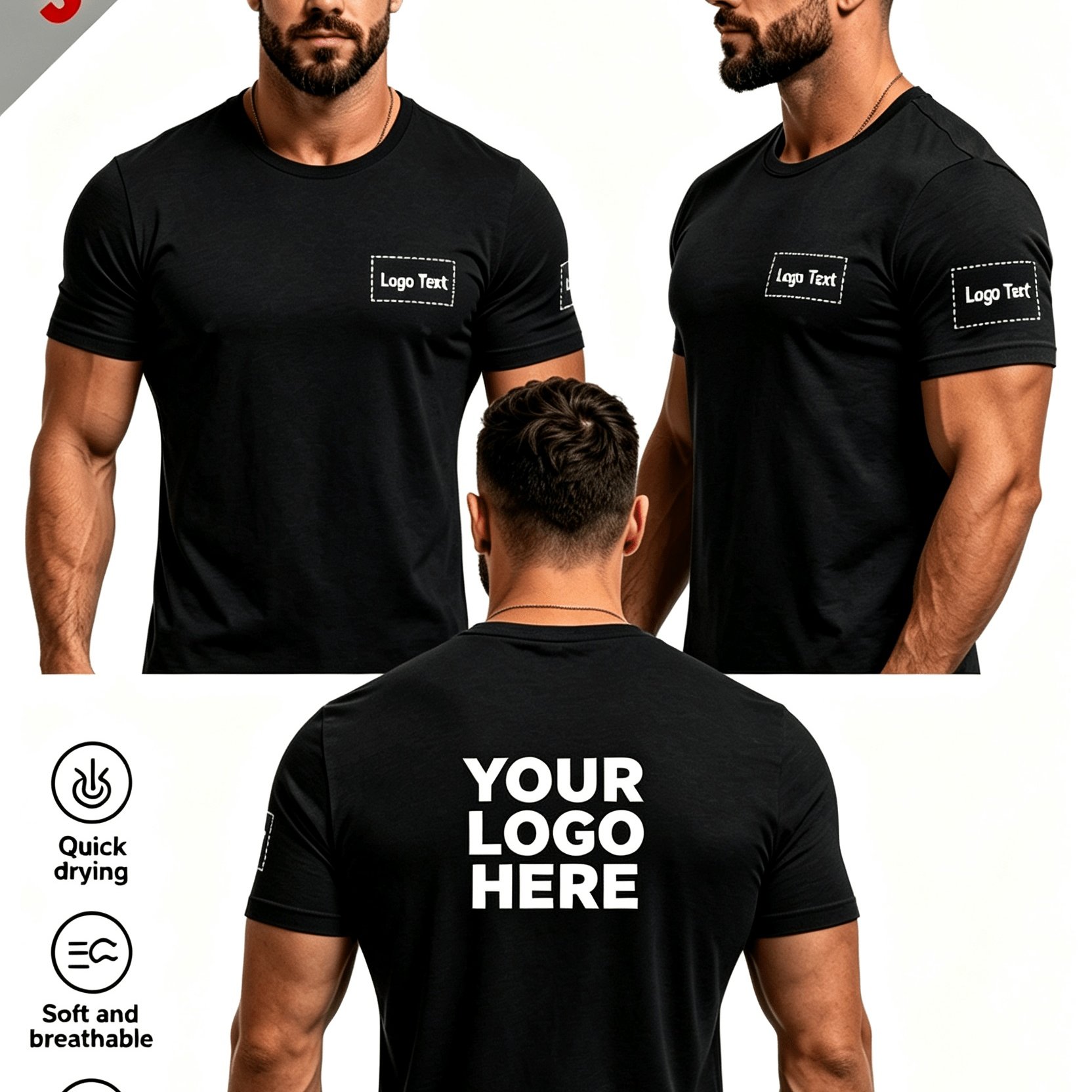 TEMU 3pcs Men's Custom T-shirts - Personalized Print With Self- Logo/text, Moisture-wicking And Breathable Fabric, Gym And Outdoor Sportswear, Crew