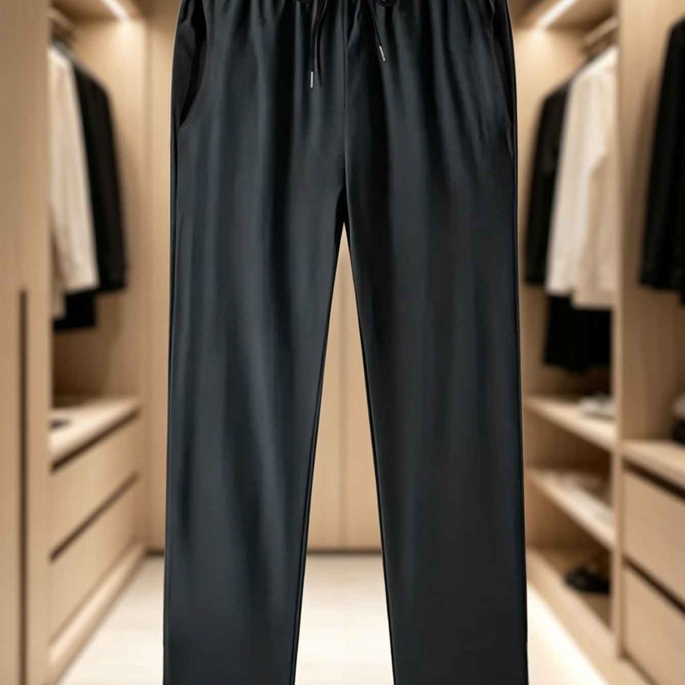 TEMU Pantalones largos rectos tejidos negro puro para todas 2026, pantalones casuales con bolsillo lateral, cintura elástica con cordón, pantalones