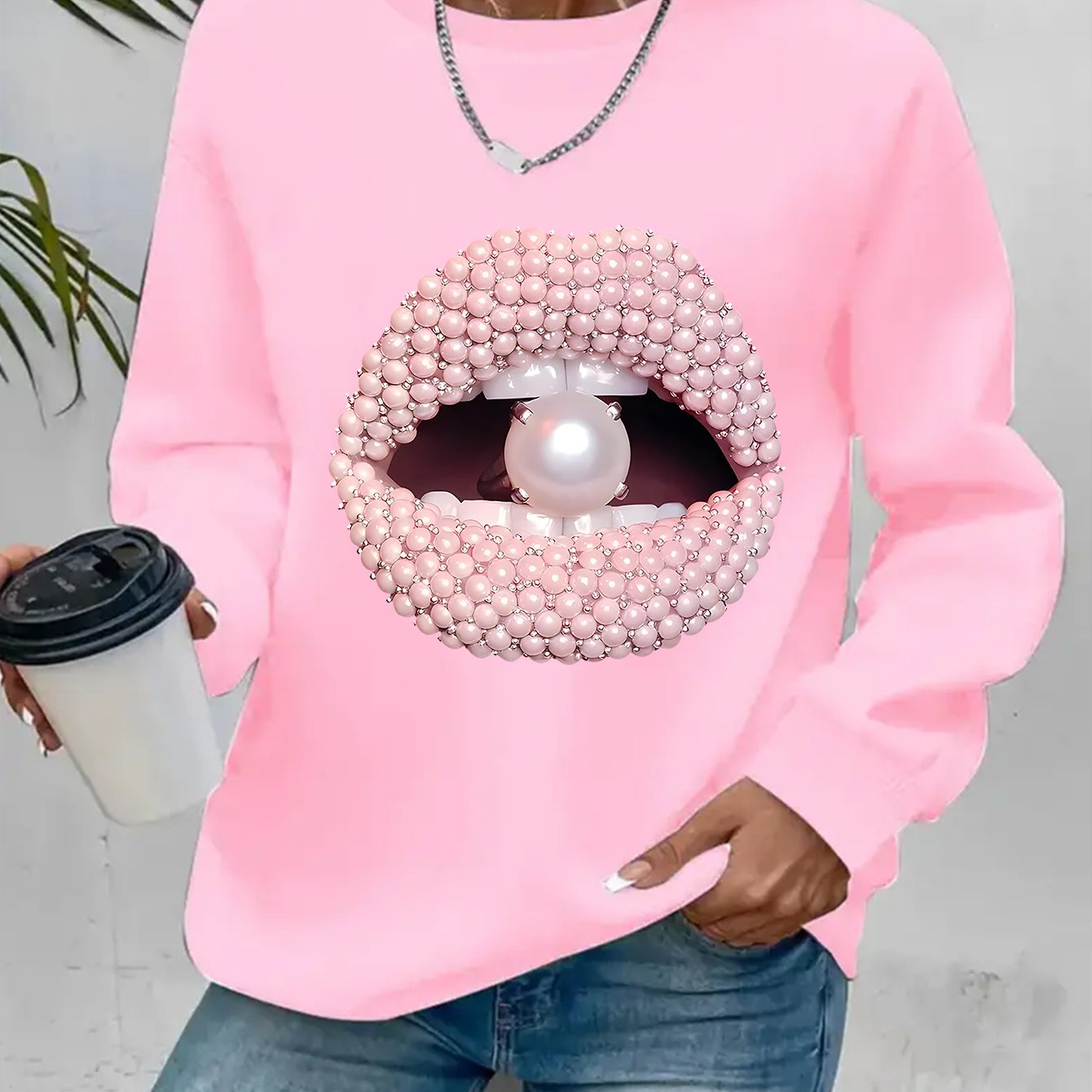 TEMU Y2k Elegant Style Mouth With Pearl Print Pullover Women's Top, Casual Long Sleeve Round Neck Spring And Autumn Hoodie, Women's Clothing