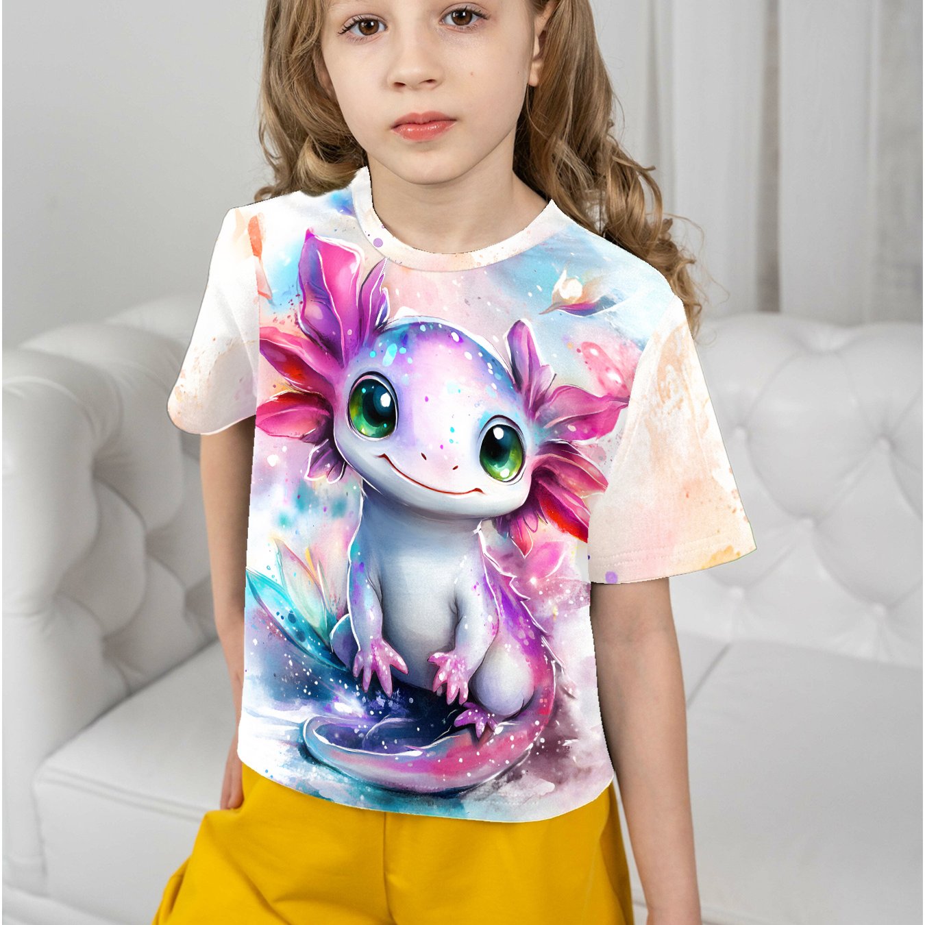 E-shop Farbenfrohes Salamander-Fisch-Grafik-T-Shirt für Mädchen - Lebendiger Zufallsdruck Kurzarm-Top, Weicher Atmungsaktiver Strickstoff,