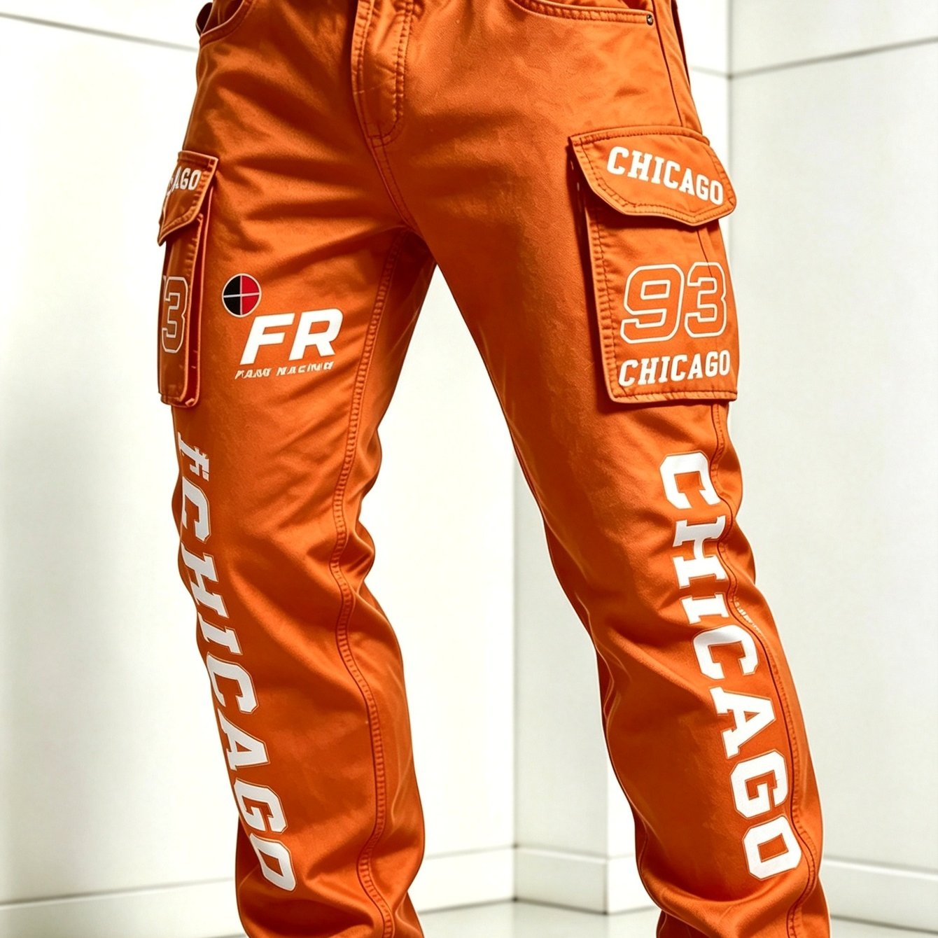 Image of Men's Vintage Racing Digital Printed Cargo Pants, Outdoor Multi-pocket Trousers