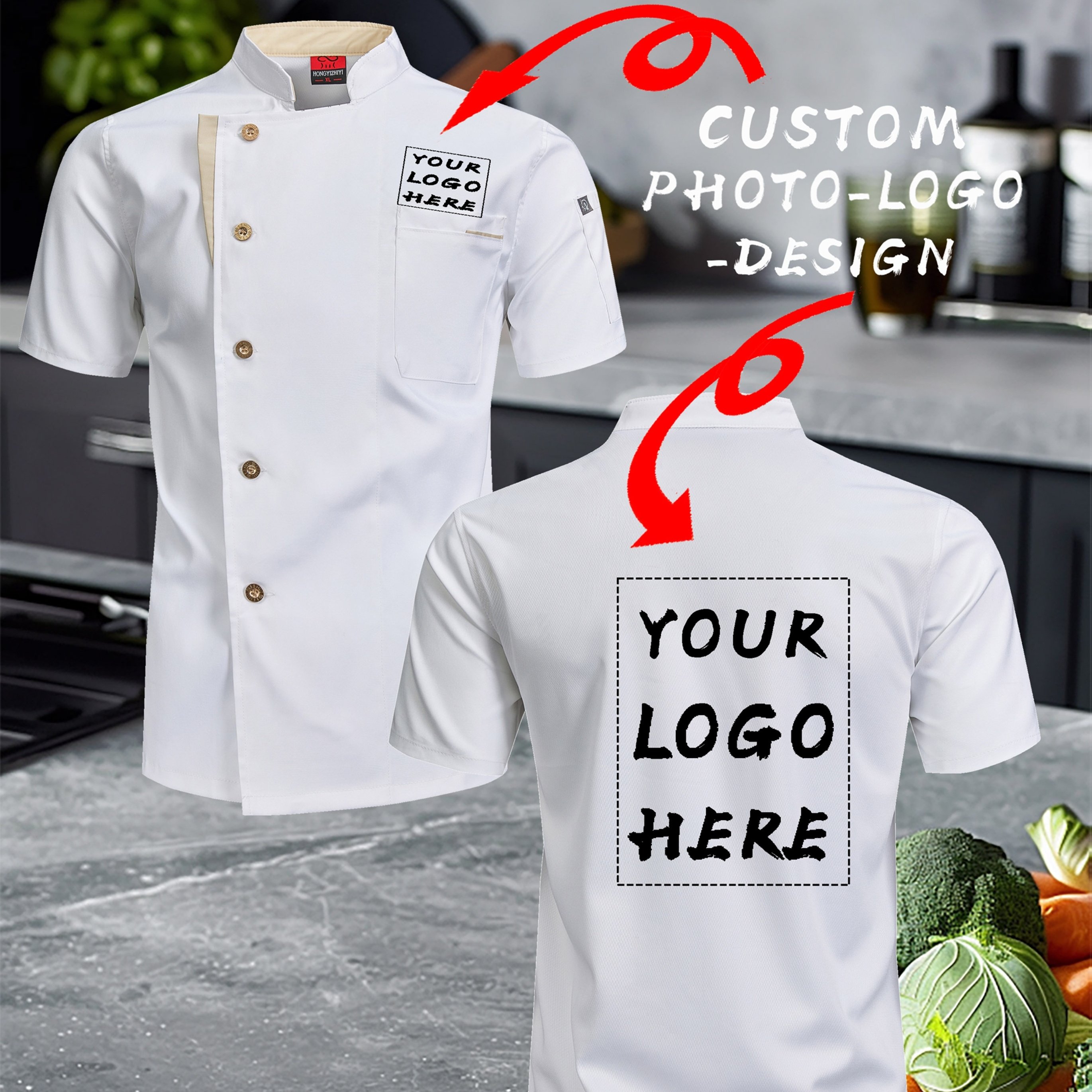 TEMU Custom-made Short-sleeve Chef Shirt, Personalized Logo And Design, With Picture And Text. Suitable For Restaurants, Cake Shops, Hotels, And