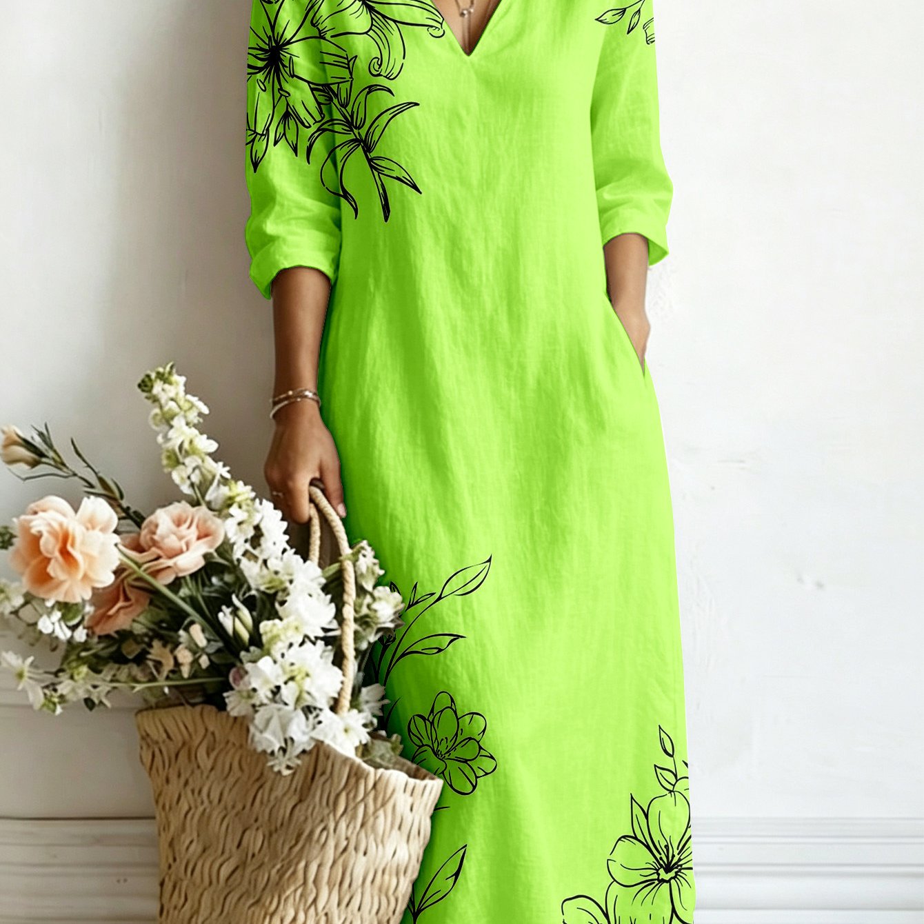 Image of Plus Size - (print Design - Texture Free) New Arrival Women's V-neck Three-quarter Sleeve Dress With Floral Printed Pattern, Comfortable And Breathable Casual Great Gift For Women