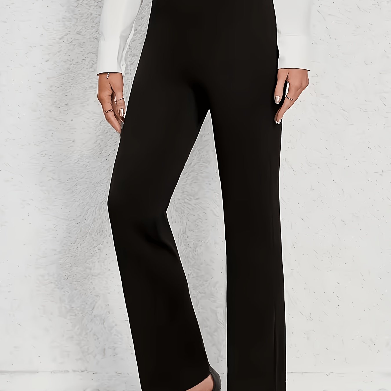 TEMU Plus Size Women' Color Stretch Straight-leg Pants - , Elastic Waistband, Wear, Casual And Stylish
