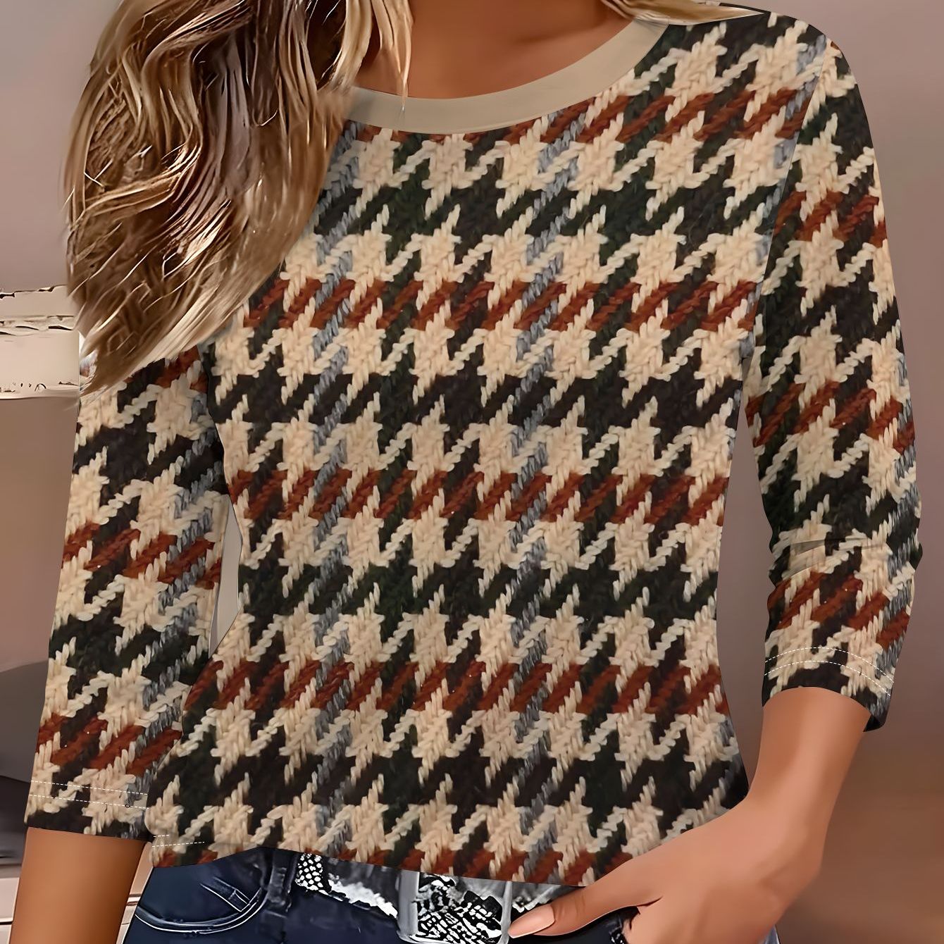 TEMU Printed Design - 2d Flat Printing Women's Round Neck 3/4 Sleeve Top, Retro Pattern, Loose Comfortable Spring Autumn Casual Streetwear