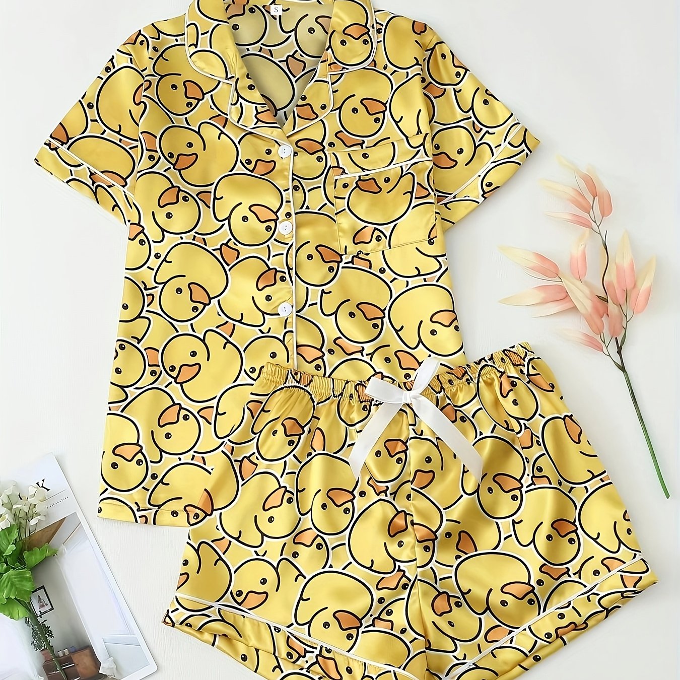 TEMU Women's Cute Duck Print Pattern Short Sleeve Shorts Pajama Set