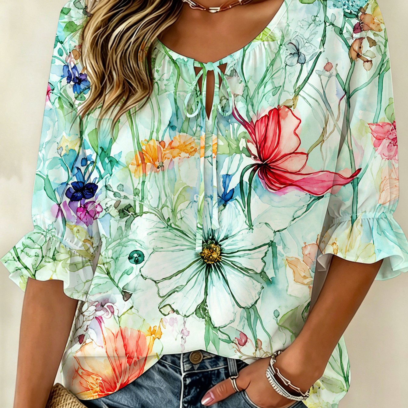TEMU Plus Size, Women's Vintage Watercolor Suitable For Dates & Afternoon Teas - Tummy Age-reducing Shirt With Tie Detail, Round Neck /three-quarter