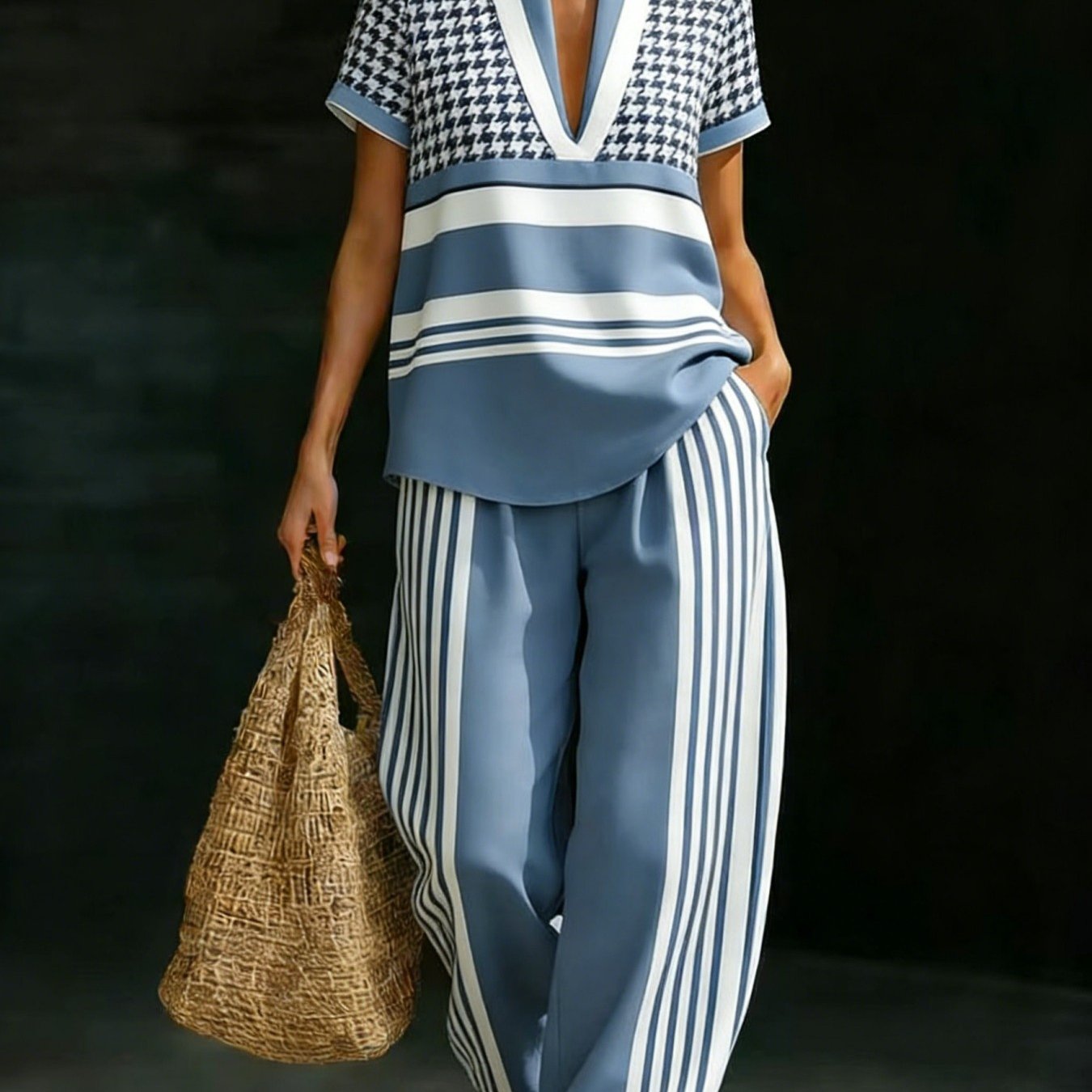 Women'-piece Set: Collared V-neck Short-sleeve Top And High-waist Wide-leg Pants, Elegant And Relaxed With Pockets, Perfect For Summer Vacations And Casual Wear