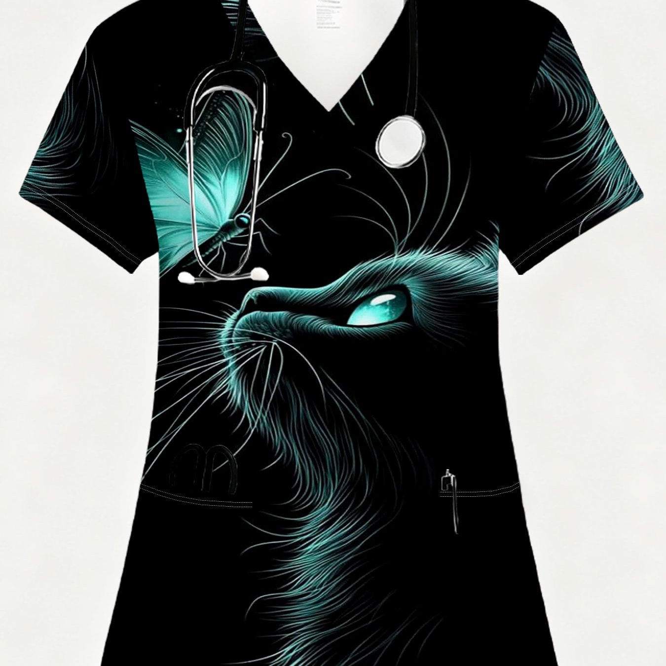 TEMU Uniforme de Soignante à Manches Courtes pour Femmes, Design Décontracté à Imprimé Mode avec Poches, Style Cool Imprimé 2D Chat et Papillon,