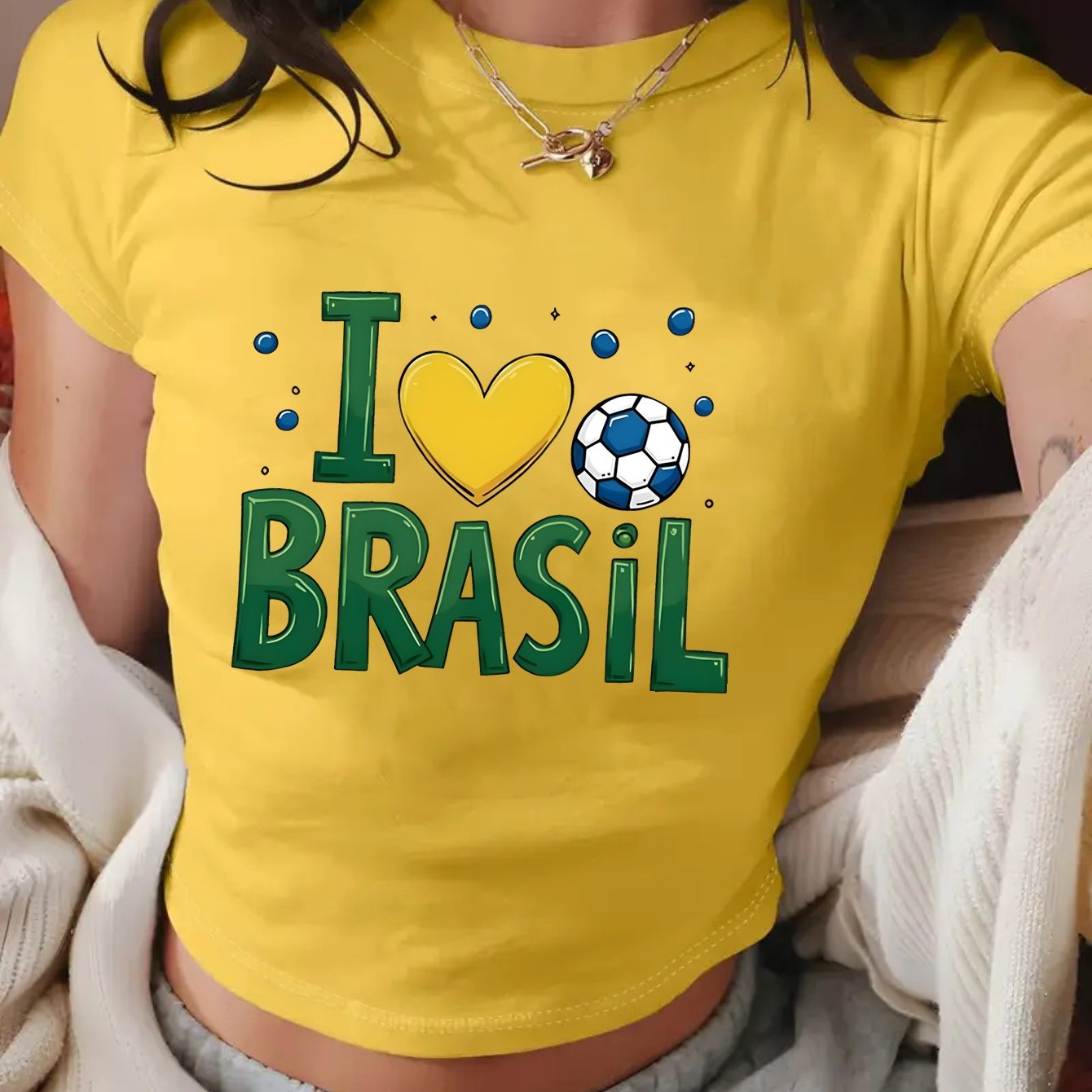TEMU 1pc Women's Y2k T-shirt - Short Crop Top With Iconic Brazil Soccer Print, Machine Washable Suitable For Casual Wear, Parties, Everyday Outfits &