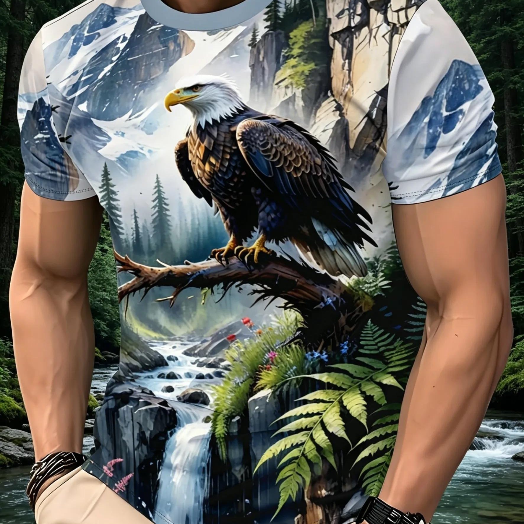 TEMU [printed Design - Not Textured] Men's Printed Eagle Element Casual Sports Top, Polyester Fabric, Regular Fit, Suitable For Outdoor Sports And ,