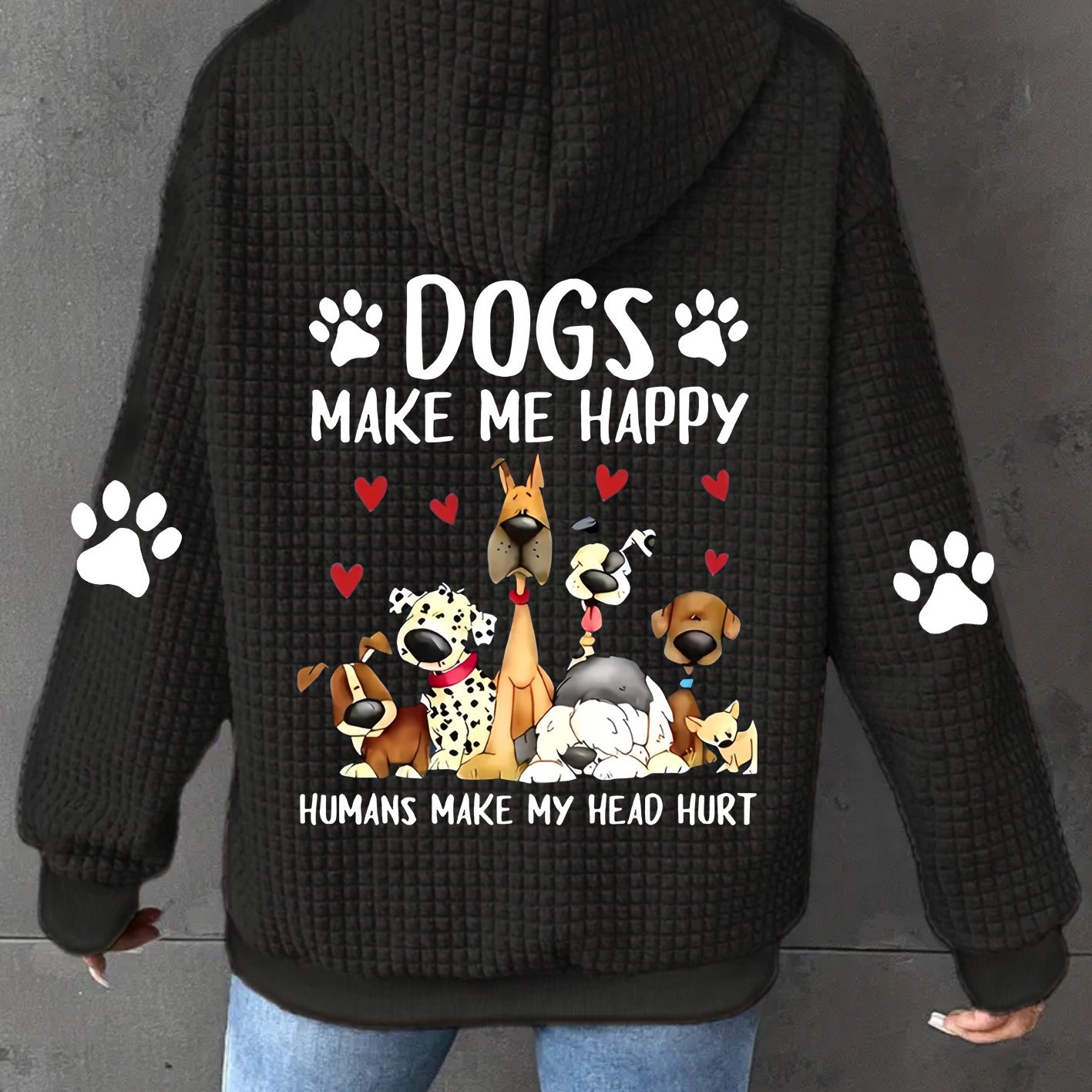 TEMU Dog Print, Women's Casual Waffle Zipper Hooded Sweatshirt With Drawstring - Polyester Fiber, Machine Washable, Geometric Pattern