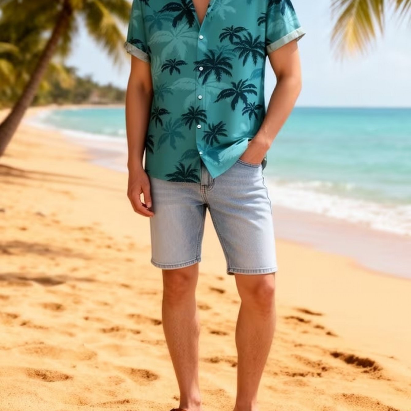 TEMU Coconut Tree Print Men's Summer Fashion Easy Short Sleeve Button-up Casual Collar Shirt, Trendy And Versatile, Suitable For Dates, Beach