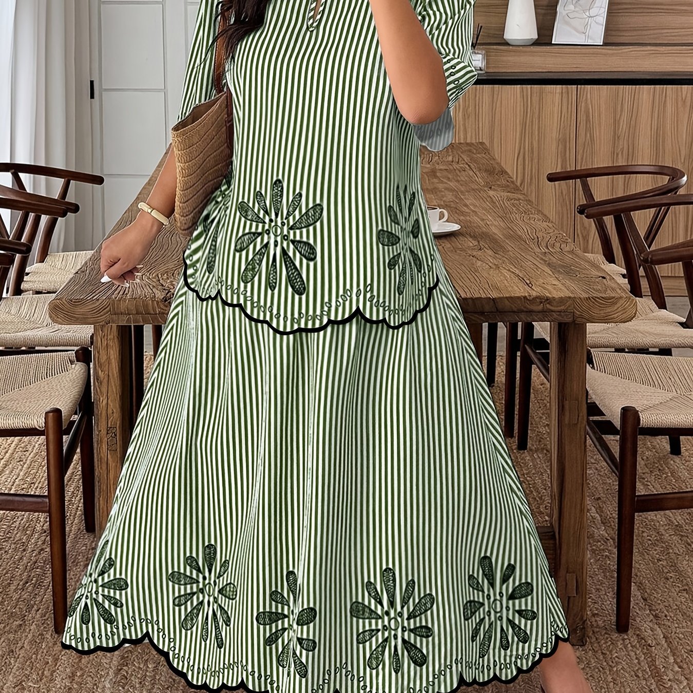 TEMU Plus Size - Plus Size - Plus-size Casual Outfit Featuring A Puff-sleeve Top With Floral Prints And Stripes, With A Comfortable Midi Skirt,