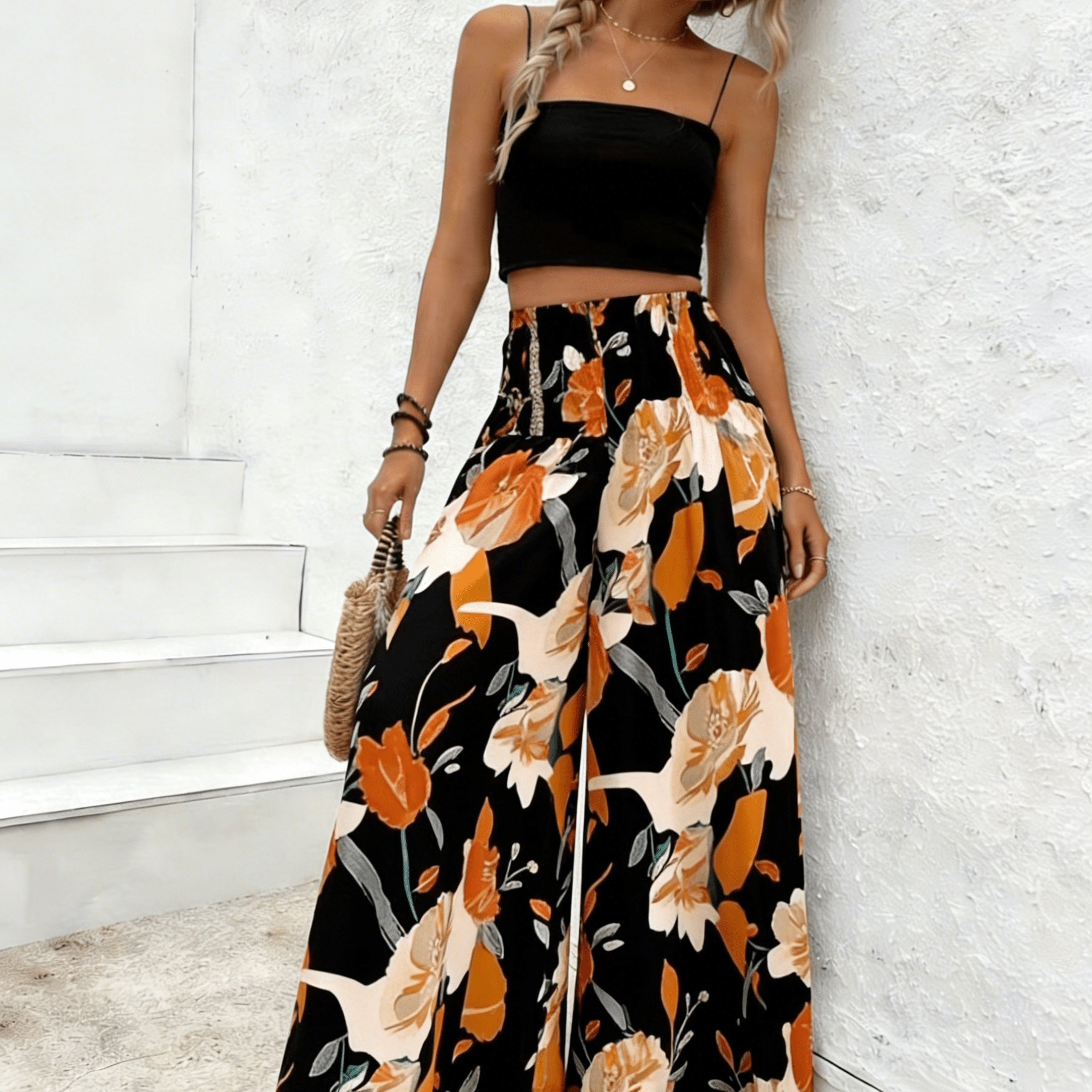 TEMU Elastic High Waist Floral Fashion Culottes For Vacation And Leisure