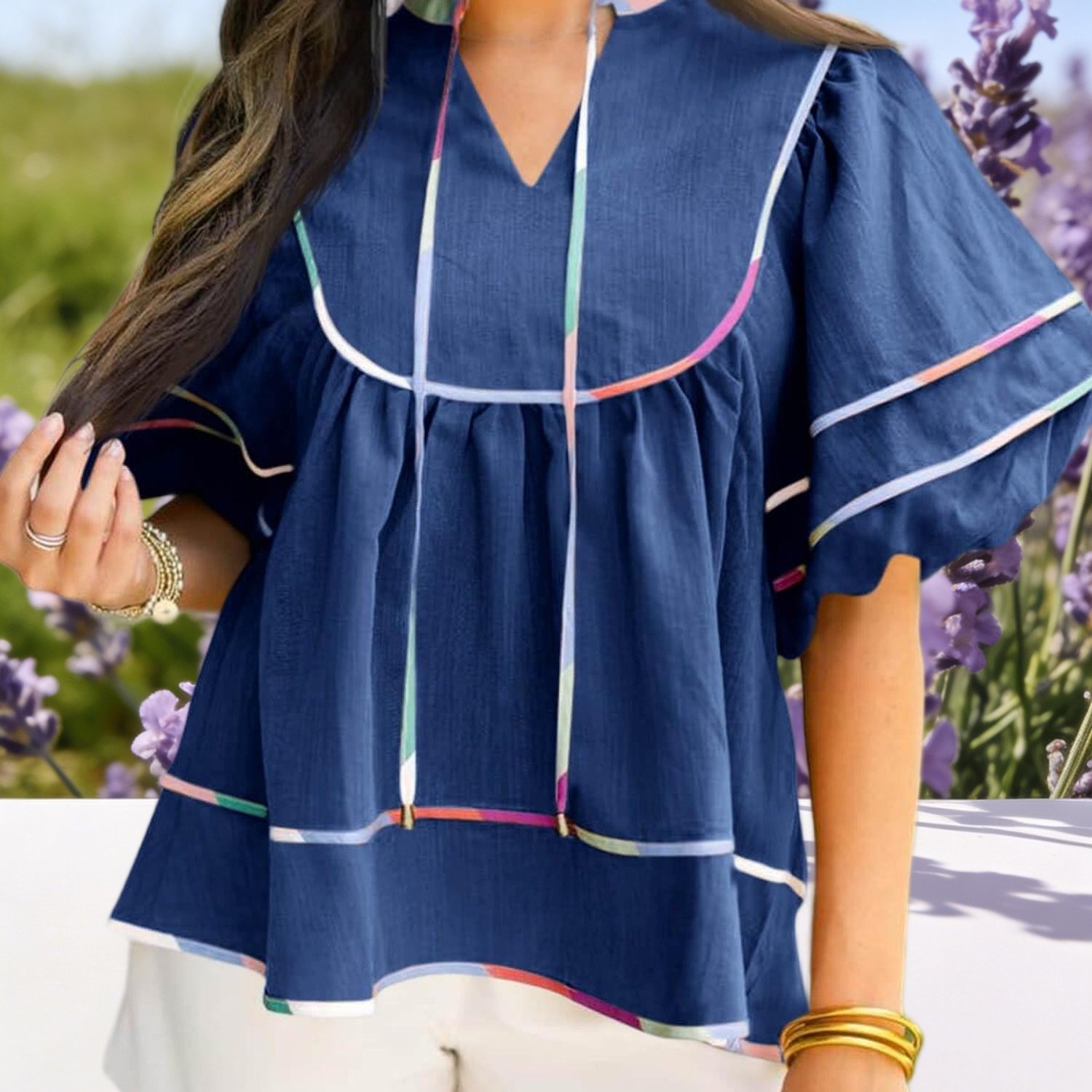 Image of Women's Summer Babydoll Tops V Neck Short Lantern Sleeve Cute Loose Fit Peplum Blouse Flowy Casual Shirt