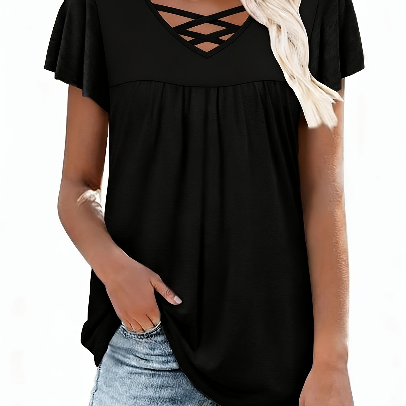 E-shop Damen Kurzarm-Bluse mit V-Ausschnitt – Lockerer Schnitt, Lockerer Tunika-Top mit Kurzarm, Uni-Farben, Casual & Semi-Formal, Maschinenwaschbar,