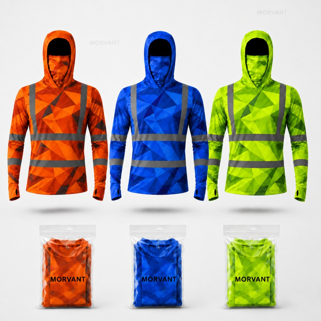 Image of Plus Size 3pcs Men's Hoodies Geometric Camouflage Gray Stripe Integrated Face Cover Long Sleeve Outdoor Fishing Cycling Suits