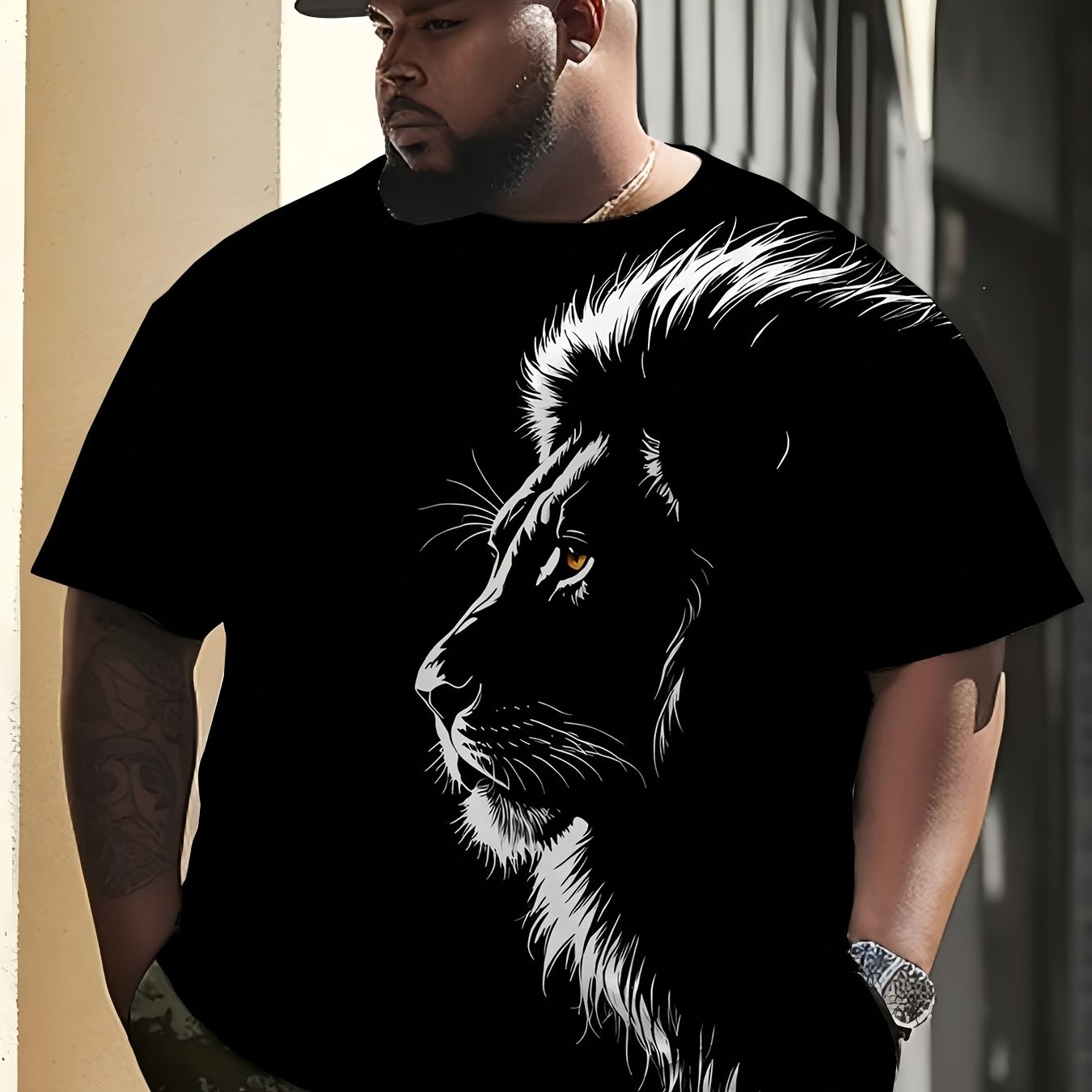 TEMU Men's Minimalist Lion Graphic T-shirt - Black Casual Sports Crew Neck Tee, Breathable, For Him, Everyday T-shirt | Lion Print Top | , Plus Size