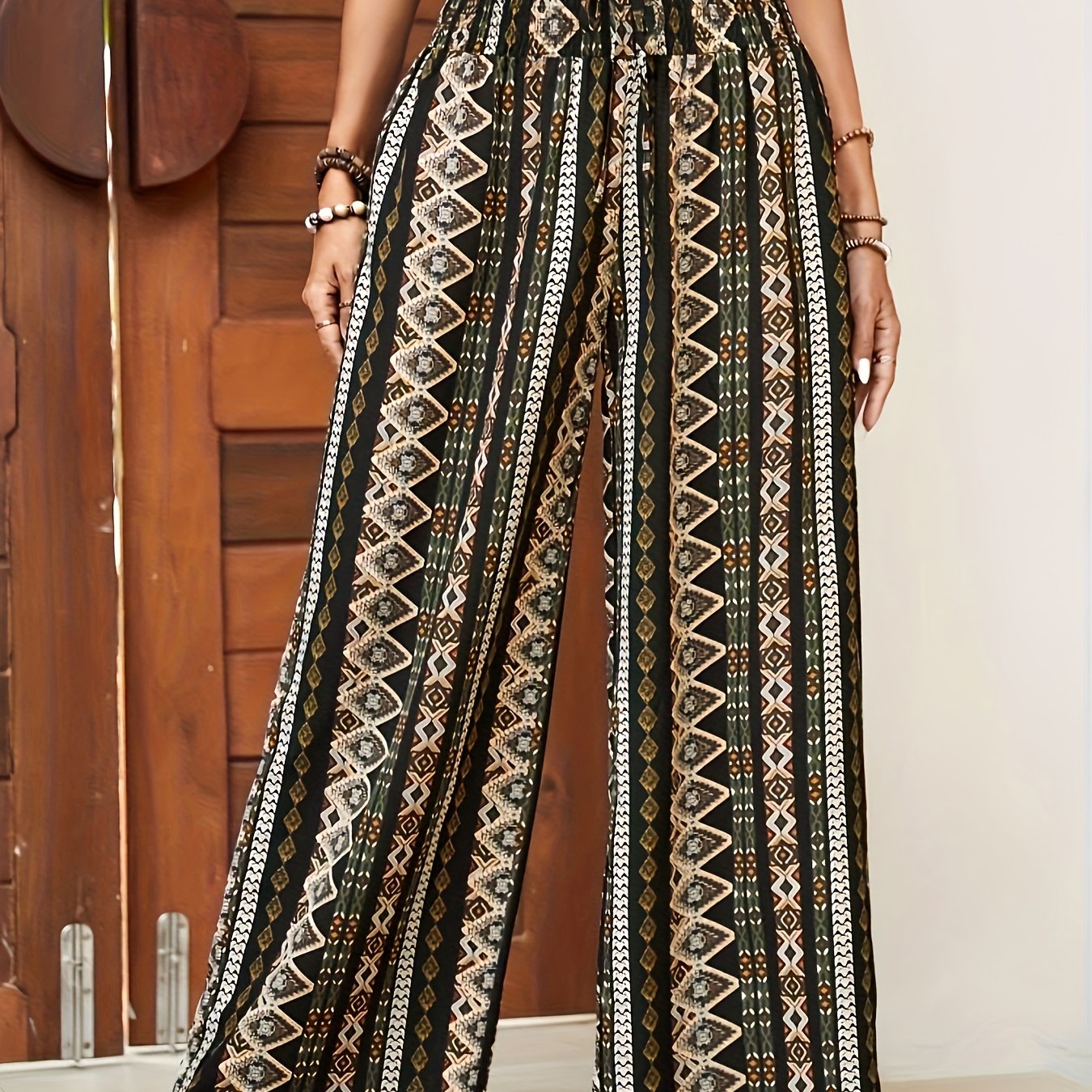 TEMU Bohemian Ethnic Print Wide Leg Pants For Women - 100% Polyester With Shirred Waistband, Woven Lightweight Trousers