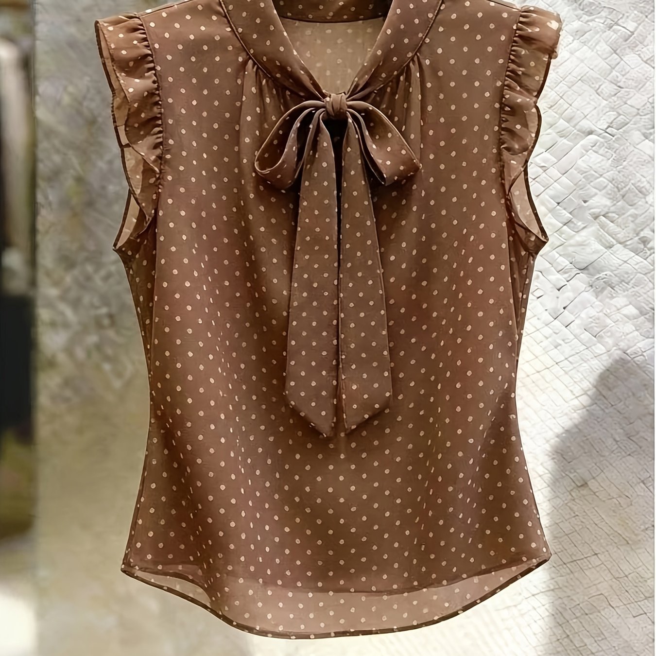 TEMU Vintage Polka Dot Sleeveless Blouse With Tie-neck Armholes, An Elegant Women's Polka Dot Top