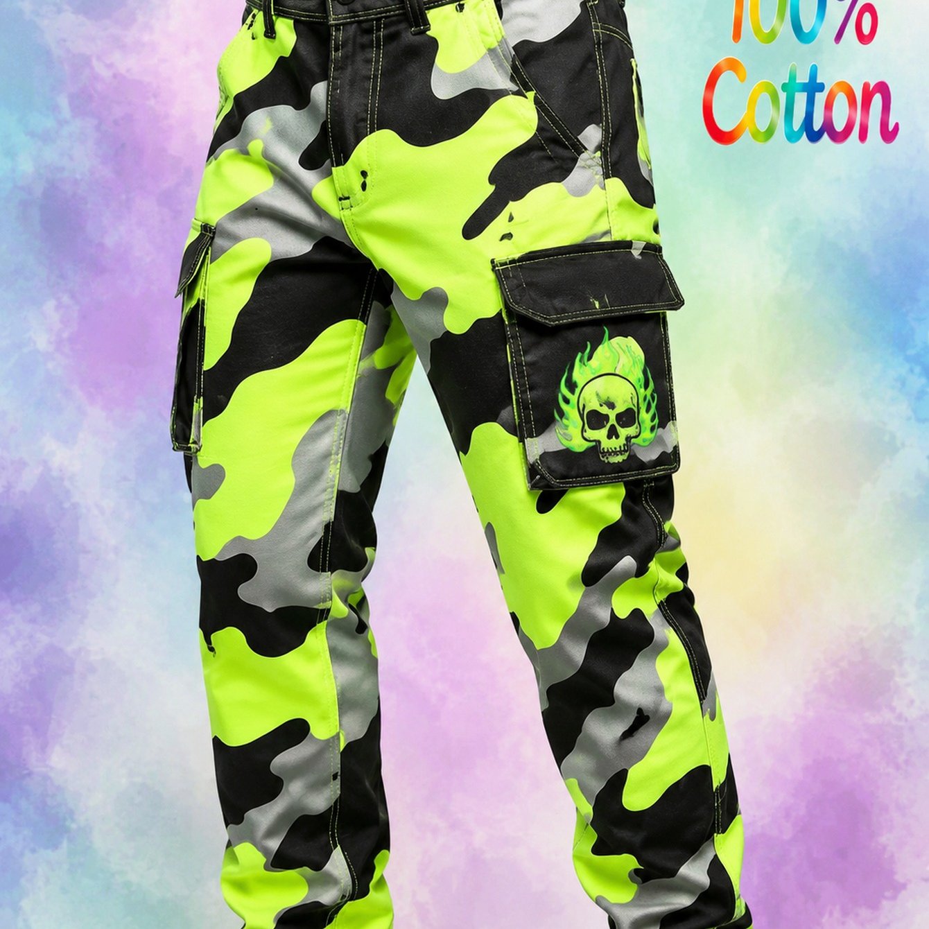 2026 Men's Fashion Cotton 3d Printed Work Pants (without Belt): Casual Versatile Men's Casual Pants With Neon Camo Design