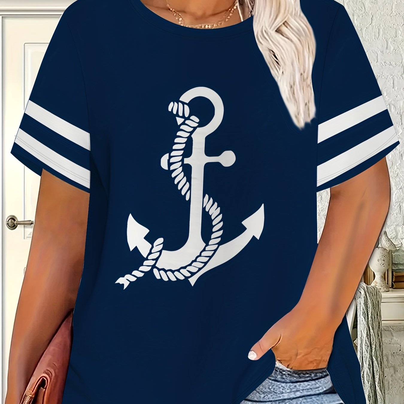 TEMU Women's Round Neck T-shirt, Dark Blue With White Anchor Print, Casual Streetwear