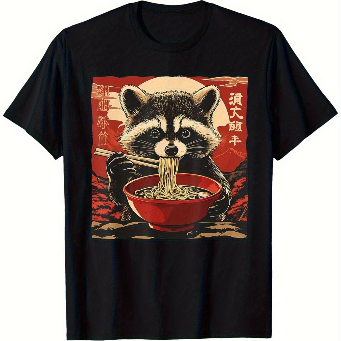 TEMU T-shirt avec un raton laveur appréciant un ramen - un t-shirt graphique de style anime japonais, doux et à col rond, parfait pour l'été. Un