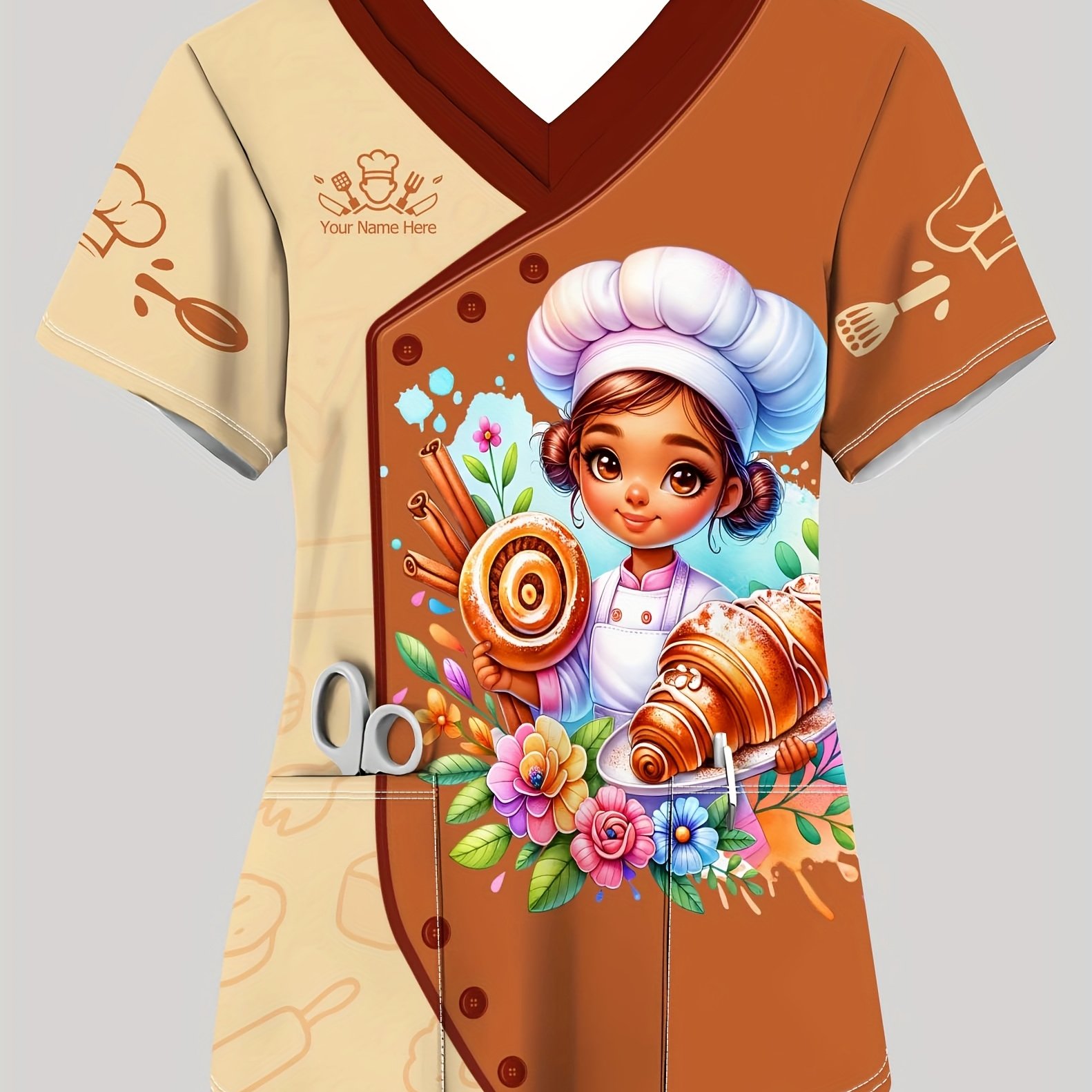 TEMU Customizable Name Women's Chef T-shirt - Elegant V-neck Workwear With Cartoon Baking Design, Pocket Detail & Short Sleeves - Apparel For Cooking