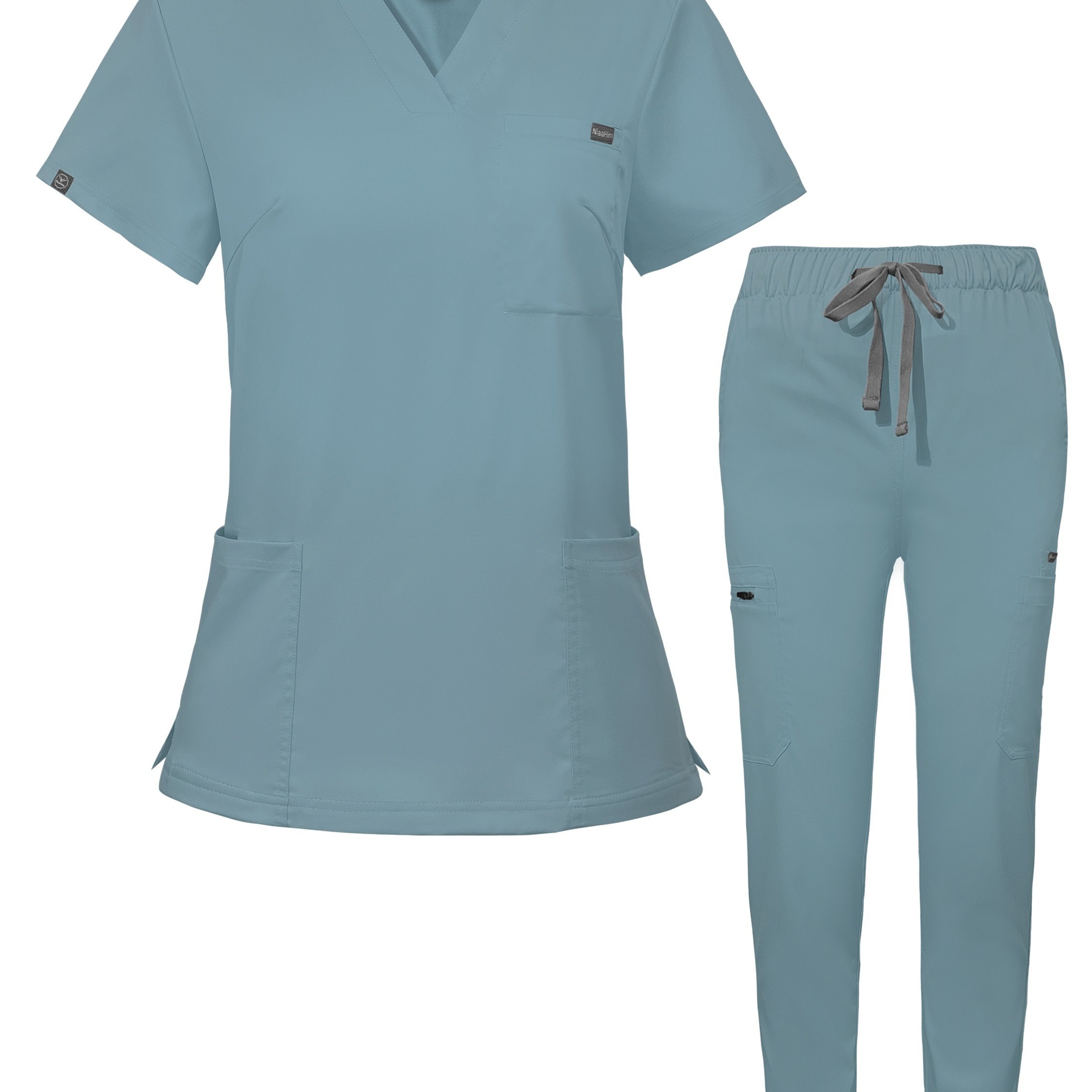 Image of Multicolor Scrubs Uniform | Short Sleeve Tops + Pants, V-neck, , Solid Color, Pocket Details, No, Loose Fit, Suitable For Spring/summer - Women's Pet Shop Doctor Surgery Workwear Scrub Set By Niaahinn