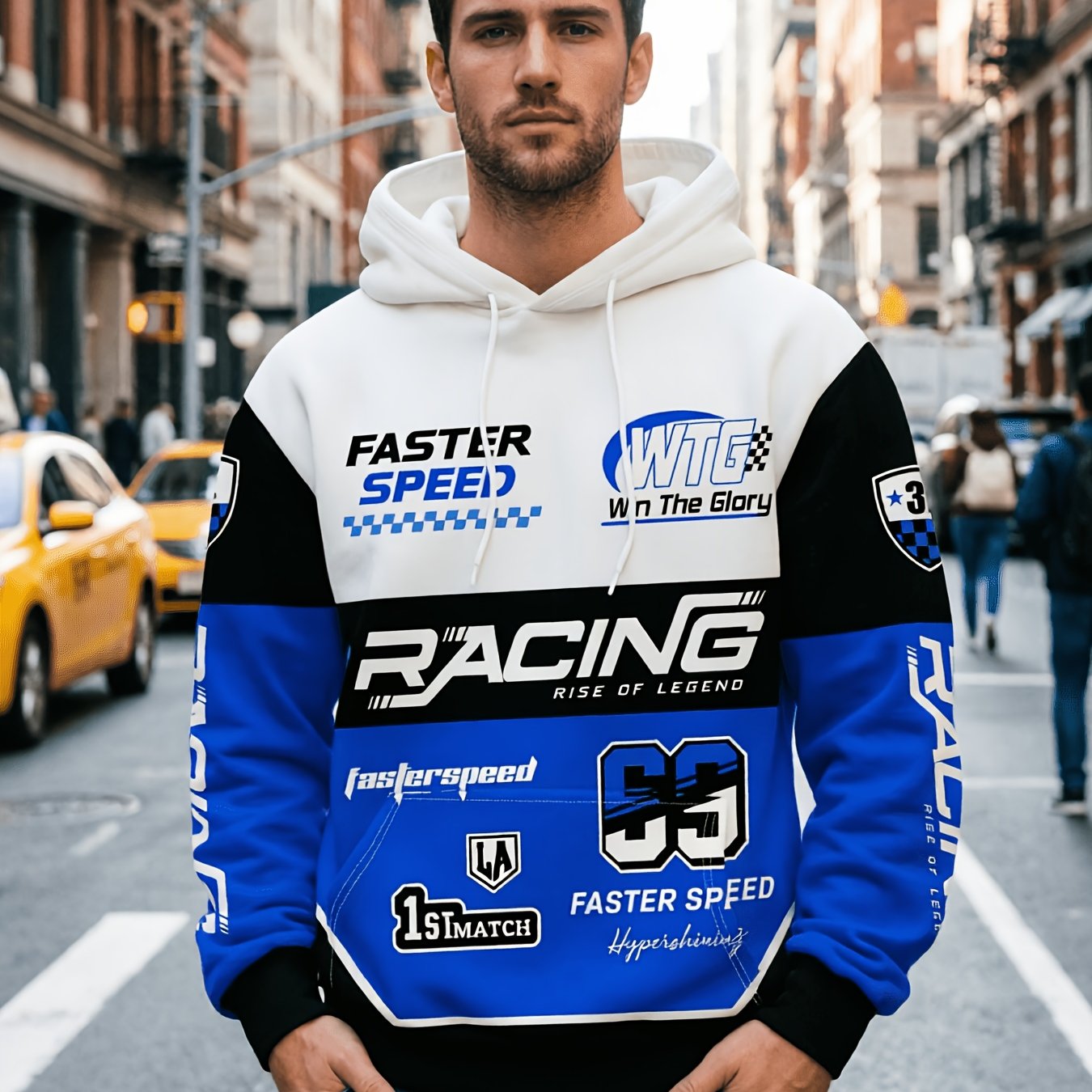 TEMU Sweat à capuche pour hommes sur le thème de avec graphiques de vitesse et de - Bleu/Blanc/Noir, vêtement de sport automobile à de couleur, pull