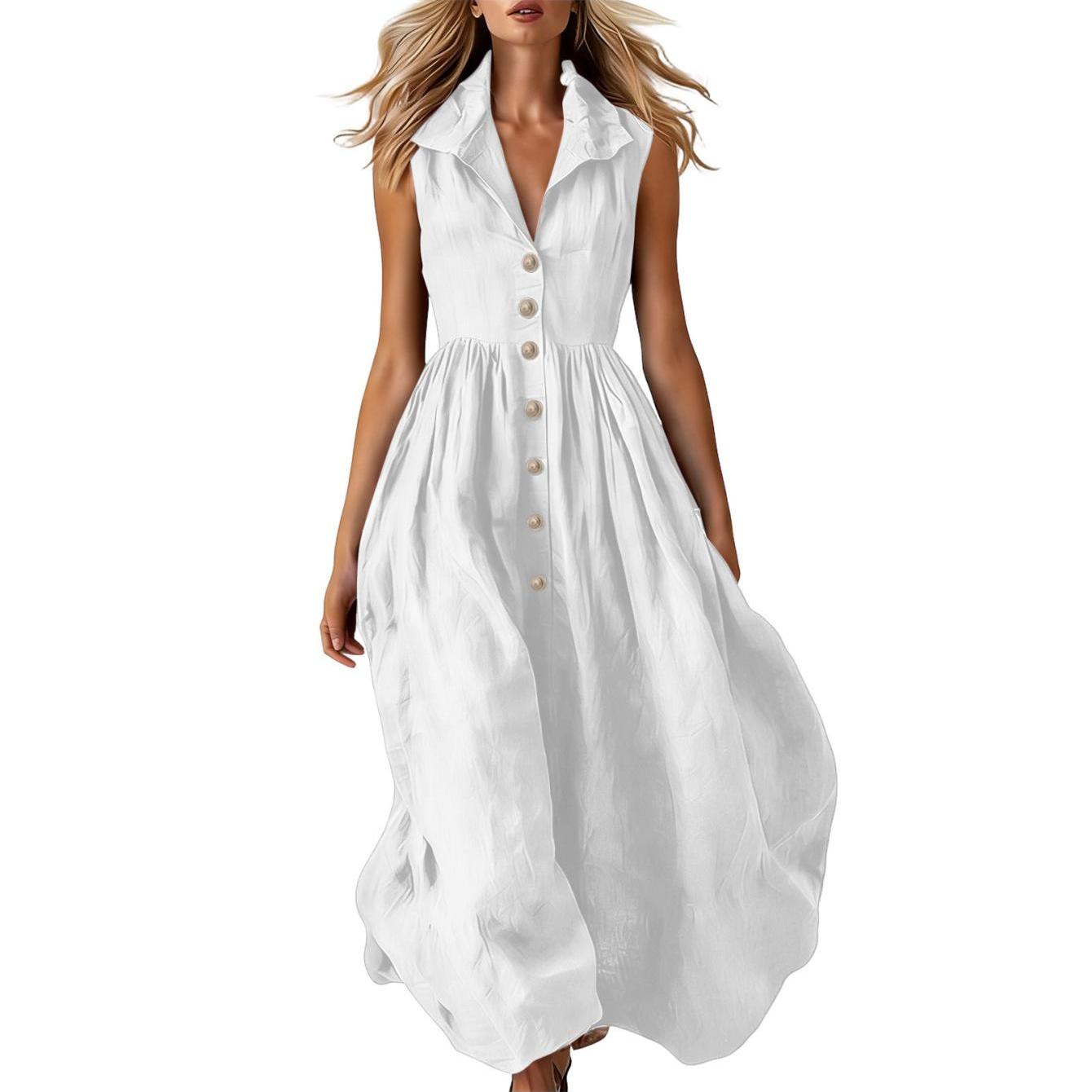 Suitable For Work Women's Elegant Fashionable Casual Dress, Beach Vacation Solid Color Sleeveless Button Up Lapel Flattering Long Skirt, Highlights Feminine Charm