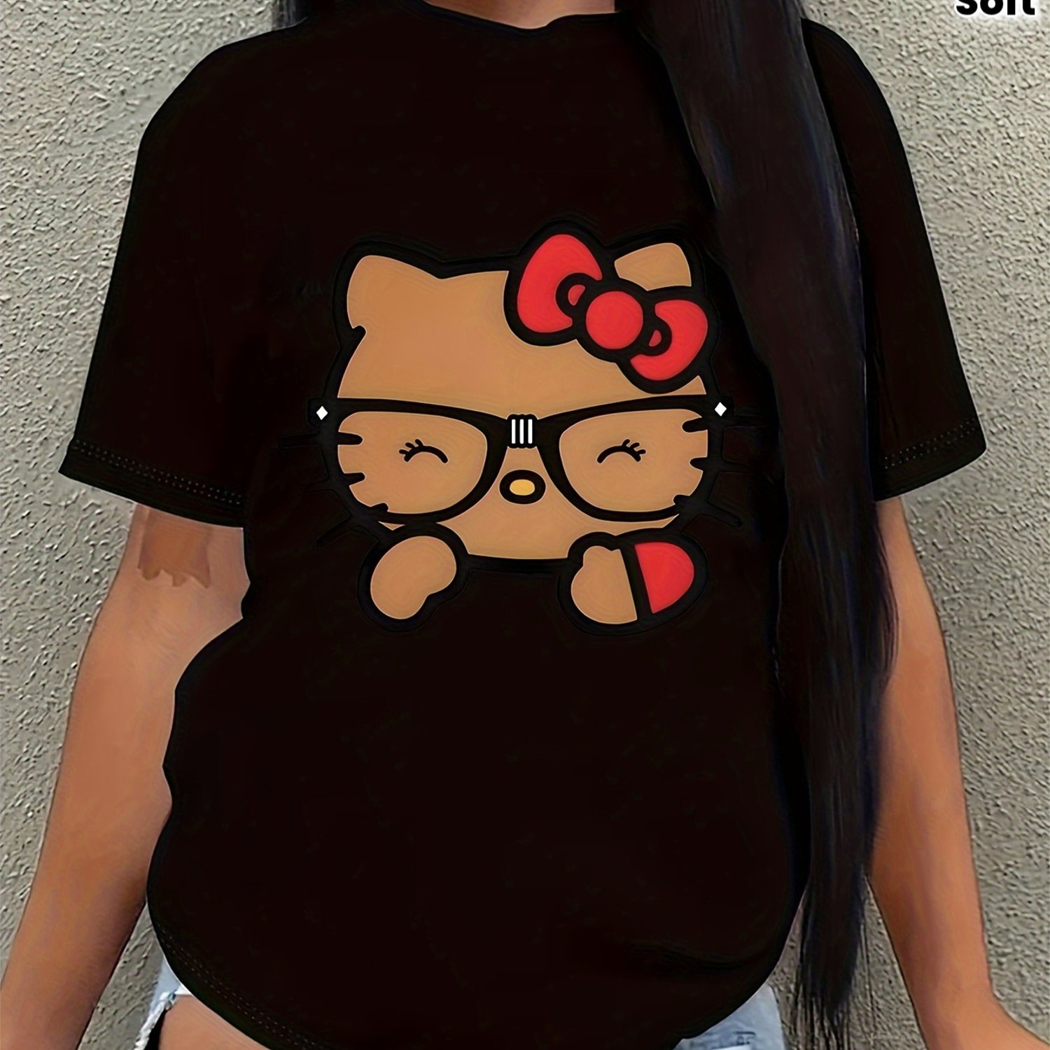 TEMU Hello Kitty & Kuromi Women's | Cute With Brown Hello Kitty Face & Kuromi Design, A-line Crew Neck Short Sleeve Top For Kawaii Style, Birthday &